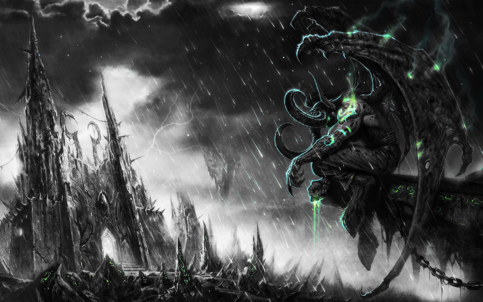 General 1680x1050 Illidan Stormrage World of Warcraft dark green video games PC gaming fantasy art video game art rain World of Warcraft: The Burning Crusade