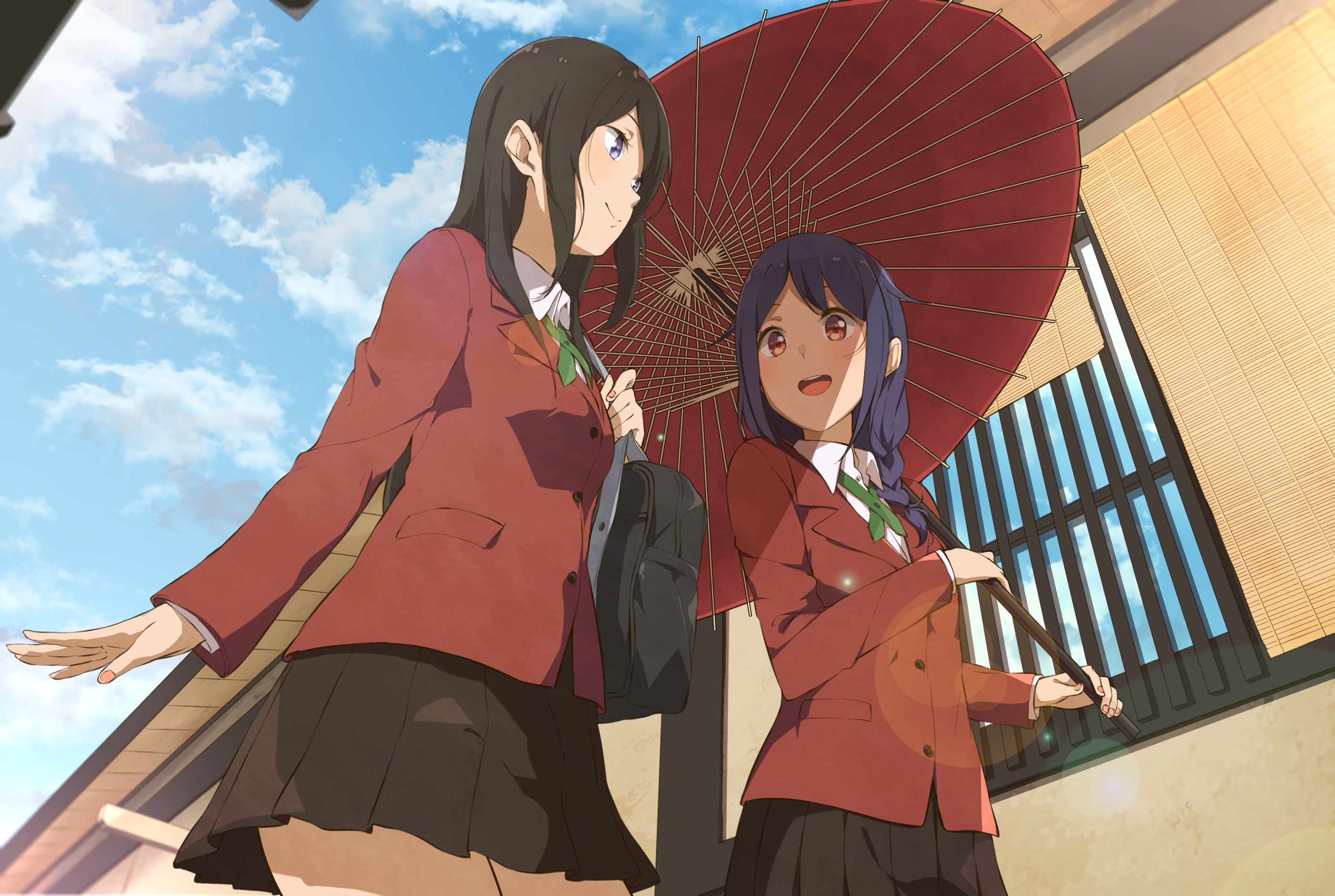 Anime 2800x1880 anime anime girls original characters school uniform umbrella two women urban