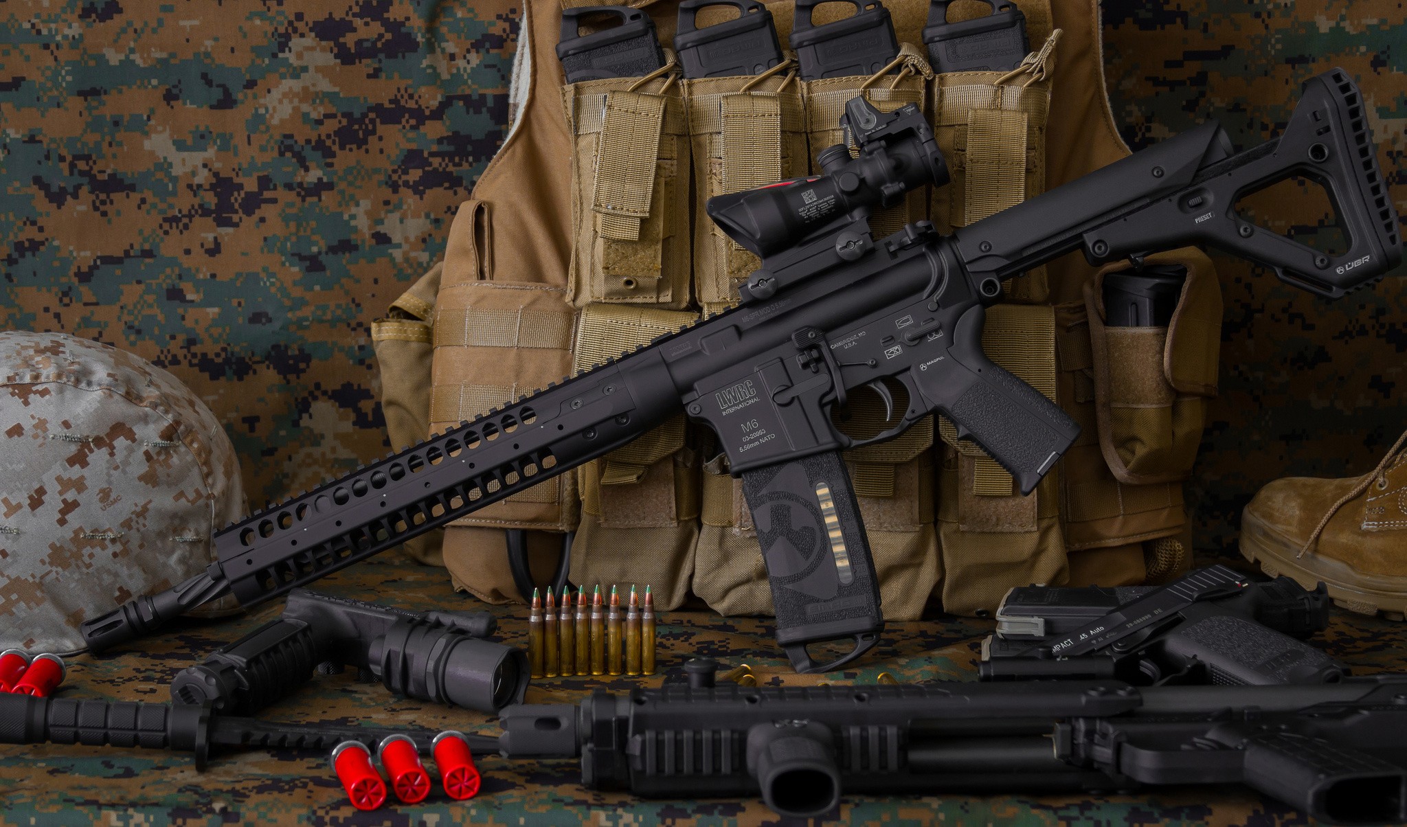 General 2048x1204 AR-15 magpul shotgun ammunition American firearms gun weapon side view bulletproof vest scopes camouflage helmet