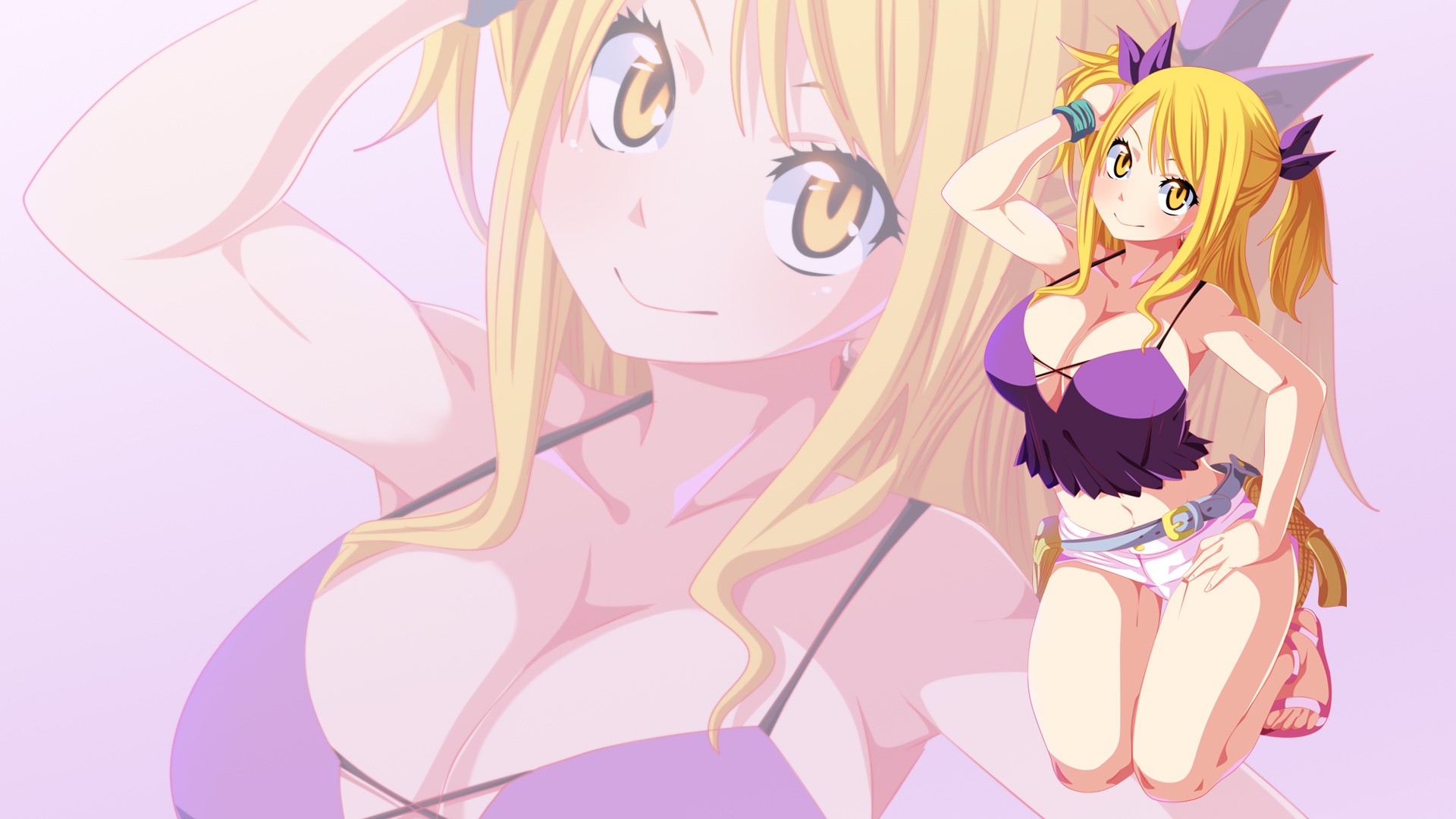 Anime 1920x1080 anime Fairy Tail Heartfilia Lucy  anime girls curvy boobs big boobs yellow eyes blonde kneeling smiling looking at viewer