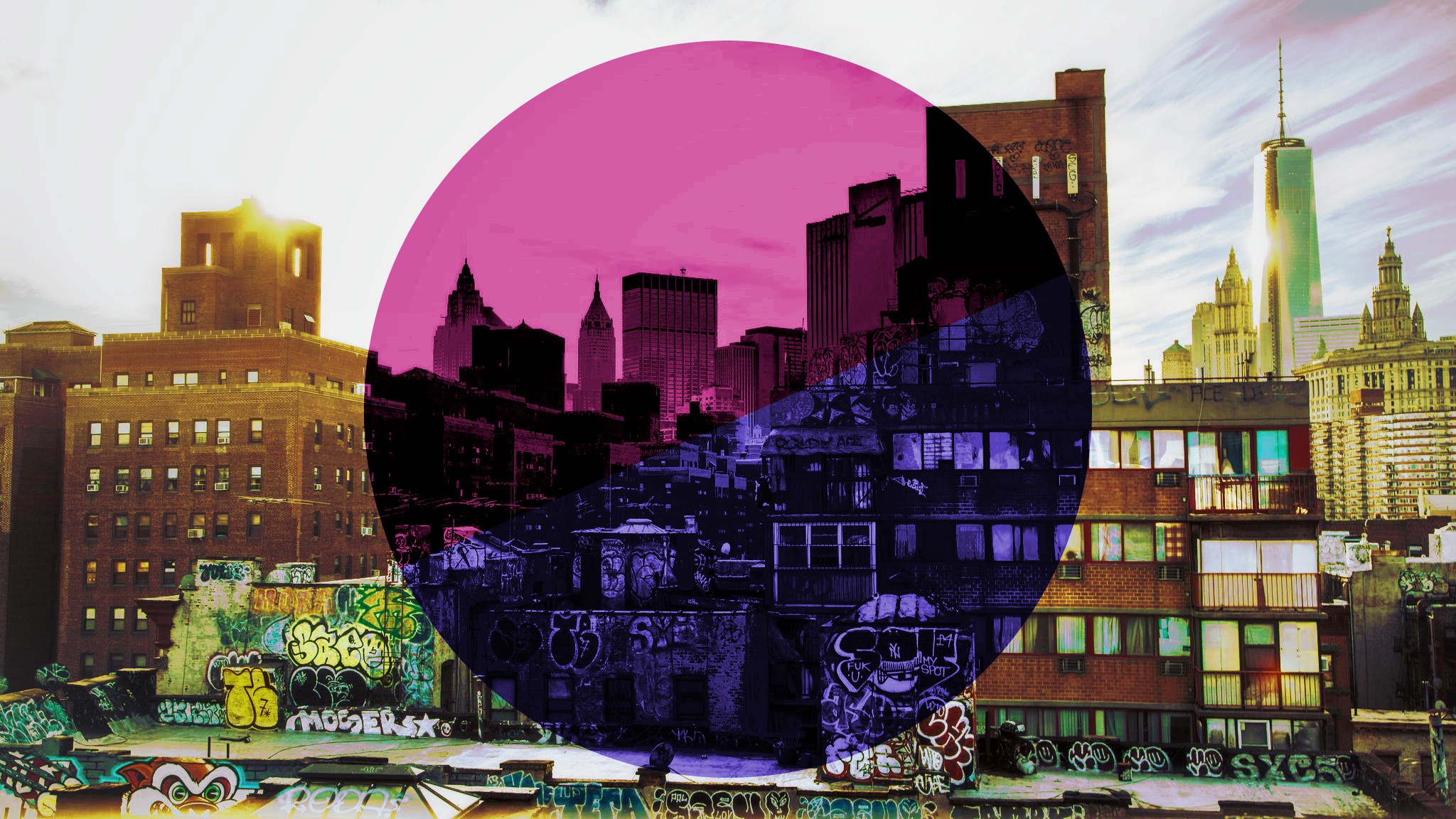 General 2048x1152 graffiti digital art urban cityscape city circle