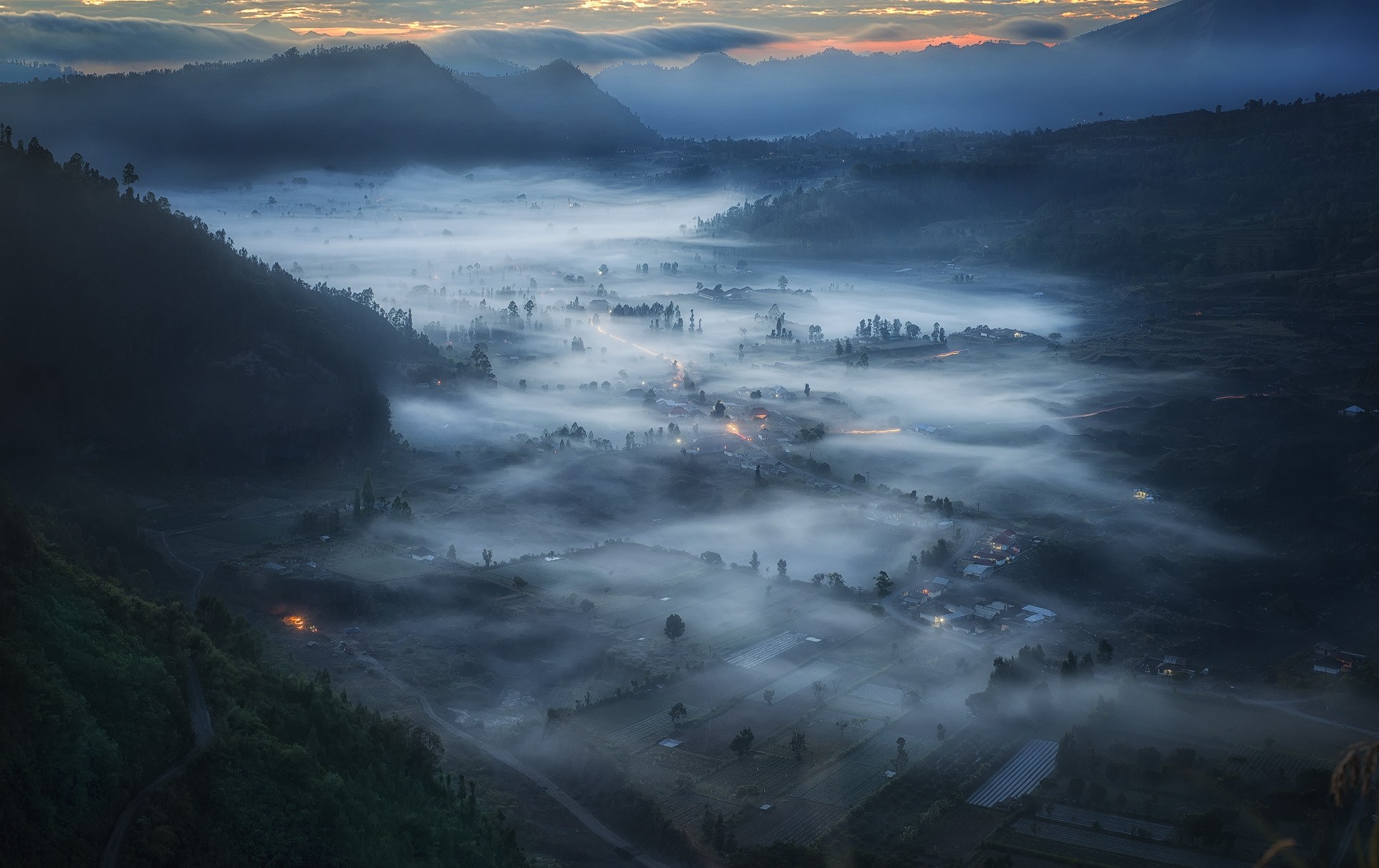 General 1920x1209 cityscape Indonesia mist mountains clouds forest morning valley field blue nature landscape Asia