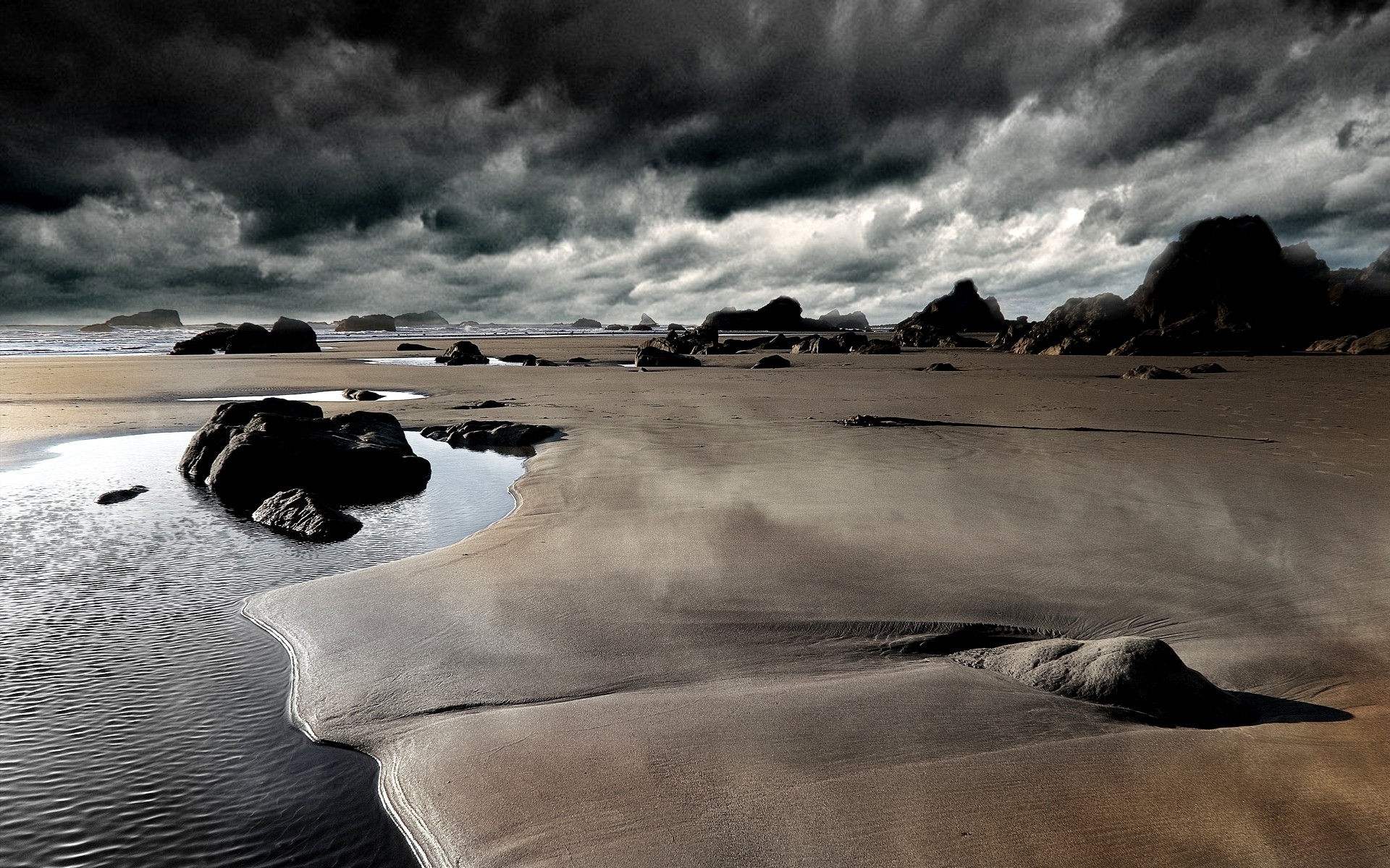 General 1920x1200 beach coast clouds stones nature dark depressing surreal gloomy overcast sand storm