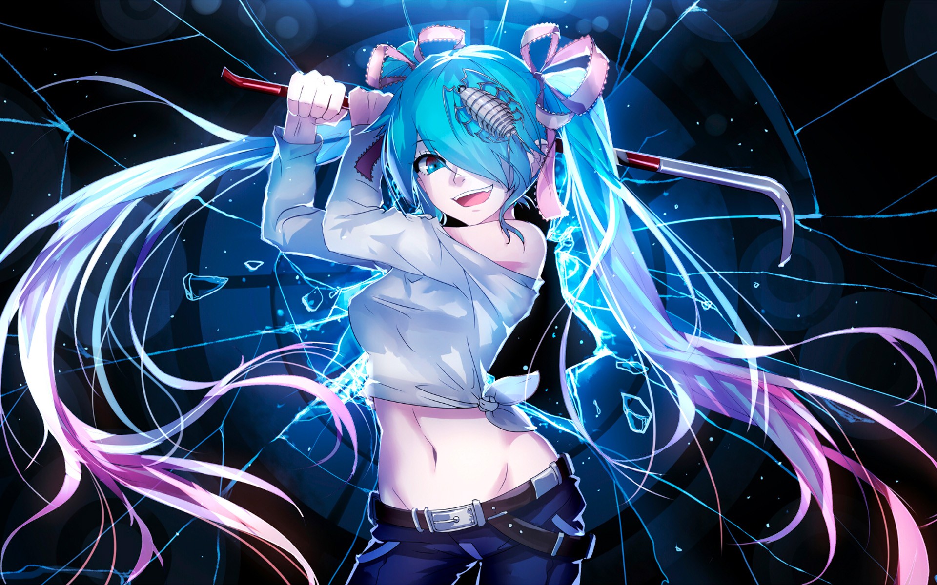 Anime 1920x1200 anime Vocaloid Hatsune Miku open mouth hair in face long hair belly bare midriff cyan hair aqua eyes crowbar standing looking at viewer anime girls