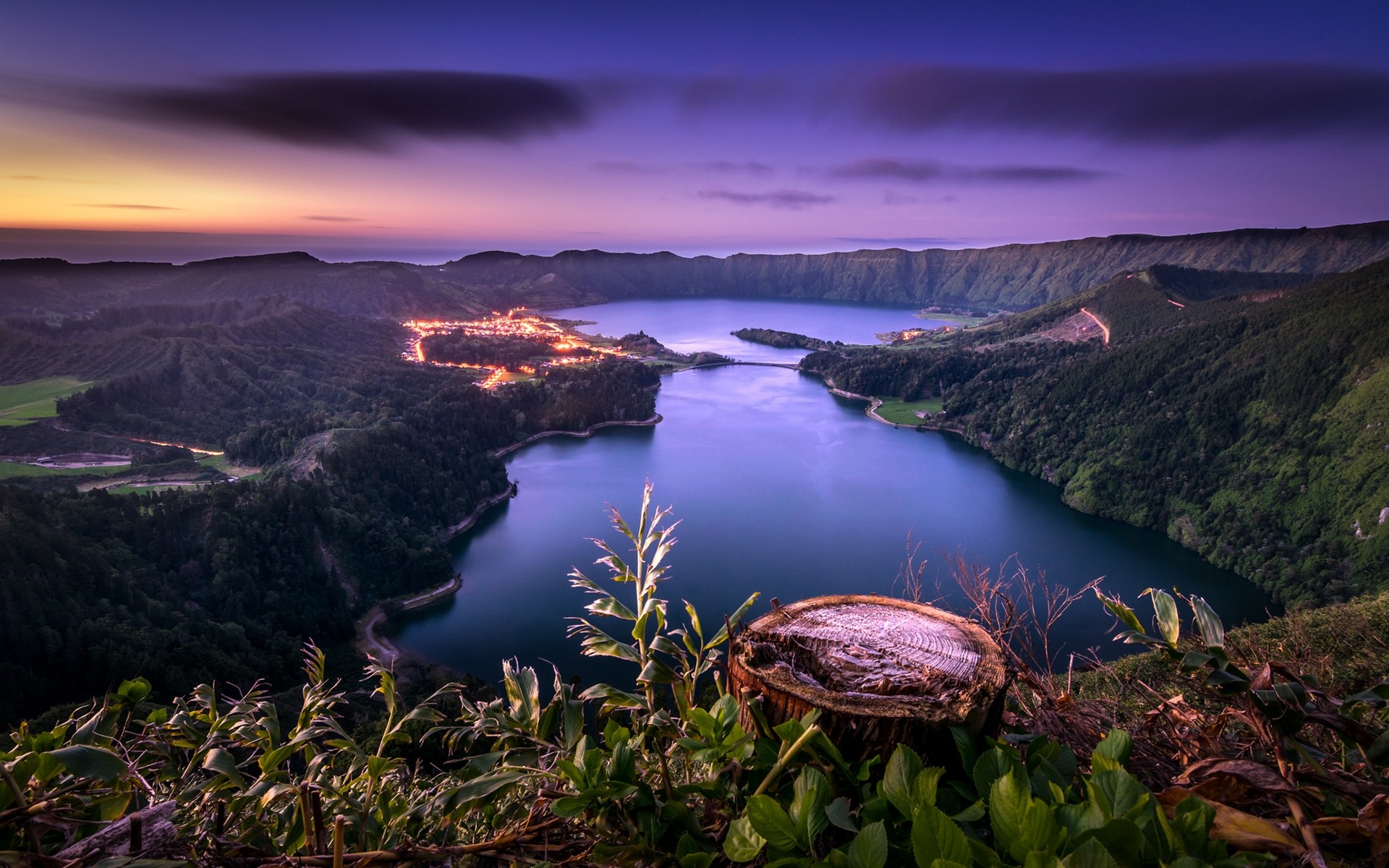 General 1920x1200 nature landscape sunset lake forest Azores Portugal island lights water leaves road