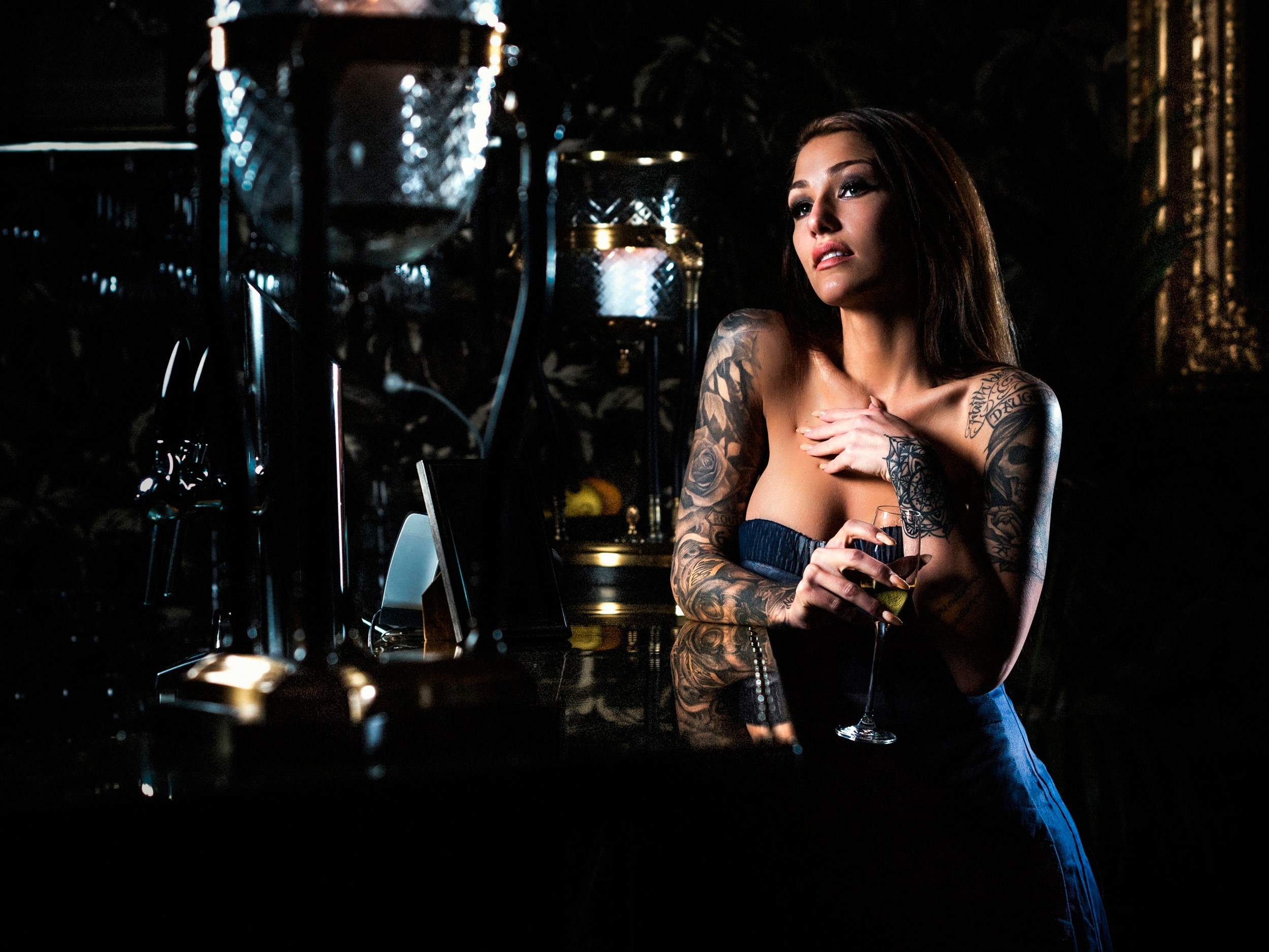 People 2500x1875 women model drinking glass bar women indoors indoors boobs inked girls looking away blue clothing low light