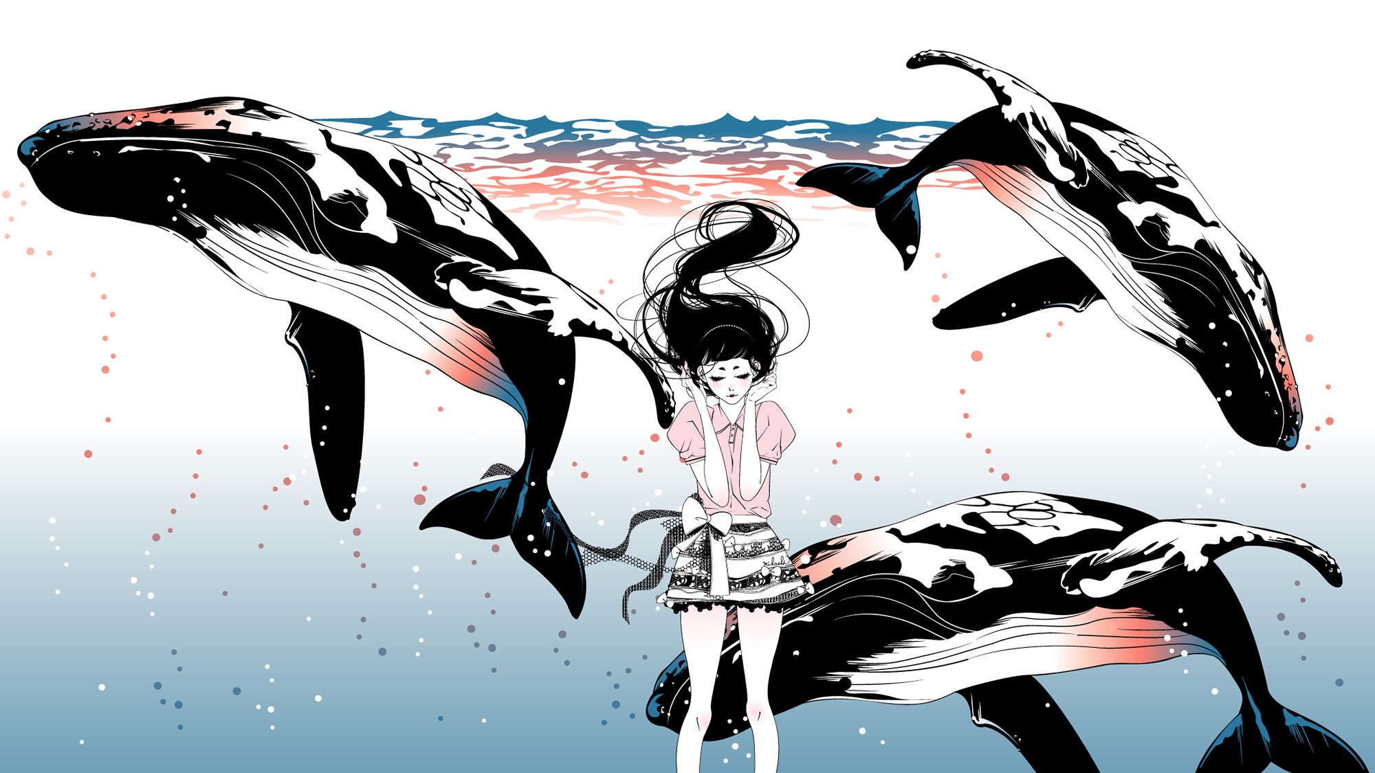 Anime 2000x1125 whale anime anime girls dark hair mammals animals sea underwater humpback whale