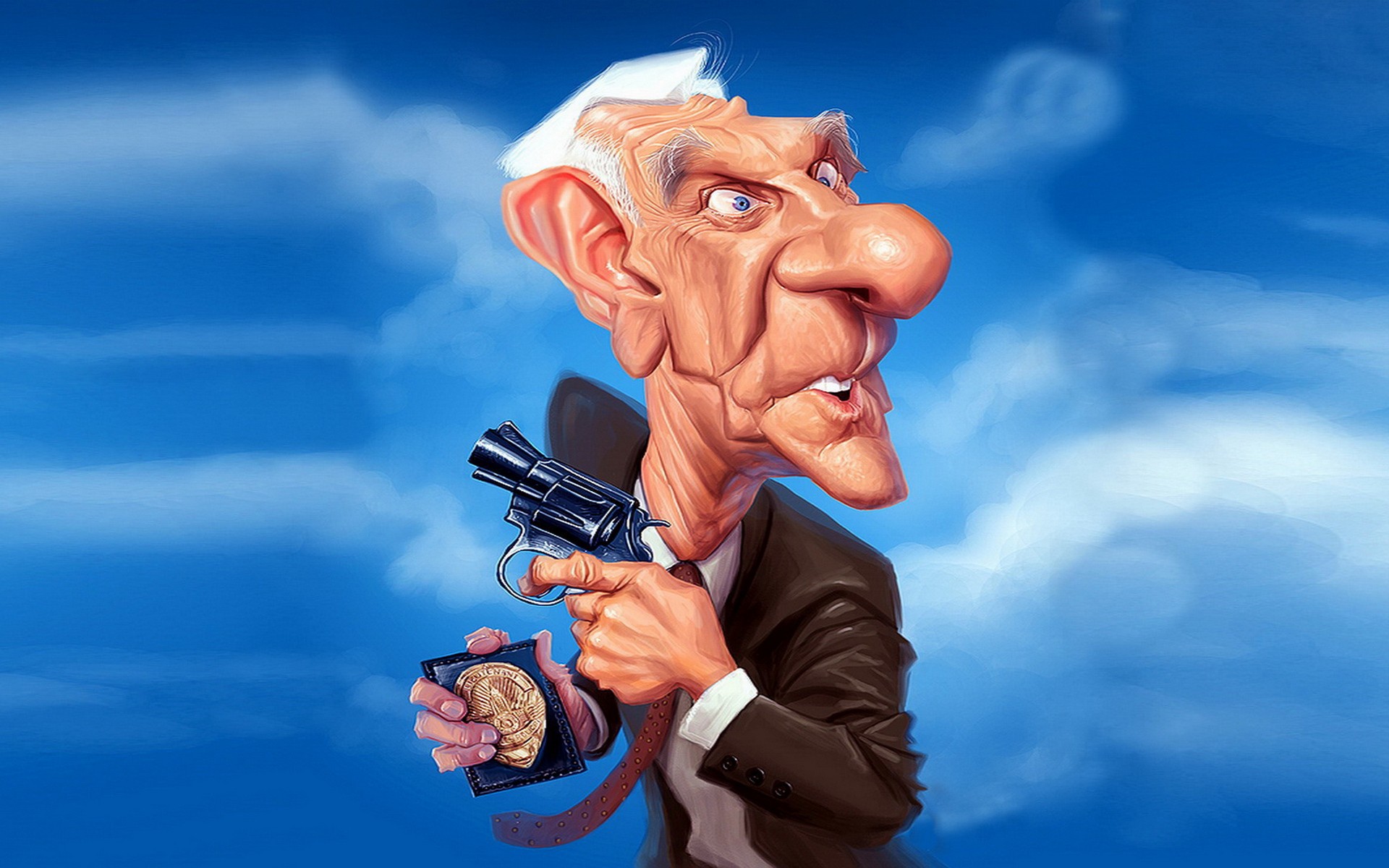 General 1920x1200 cartoon caricature leslie nielsen humor blue background revolver movies gun weapon