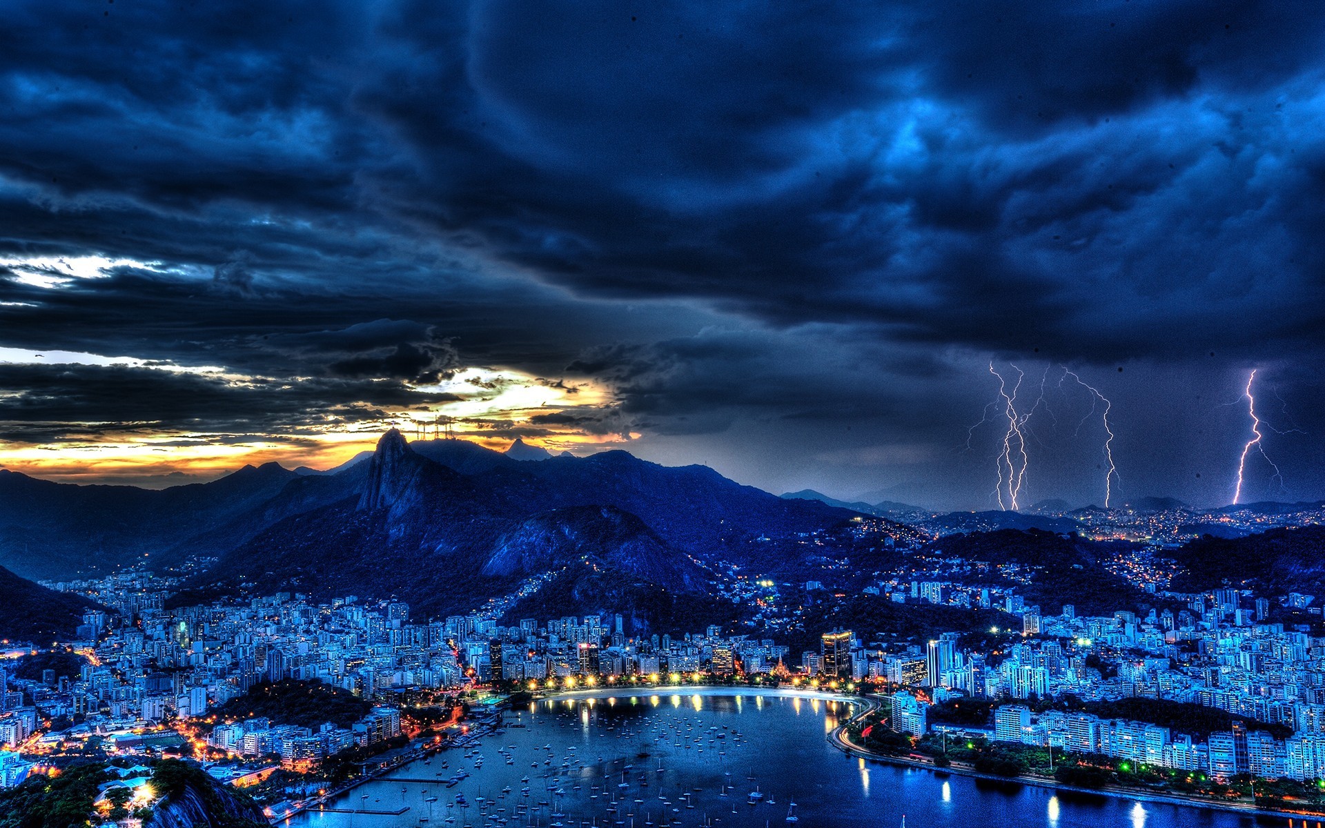 General 1920x1200 cityscape bay storm lightning Rio de Janeiro Brasil dark clouds sky city lights