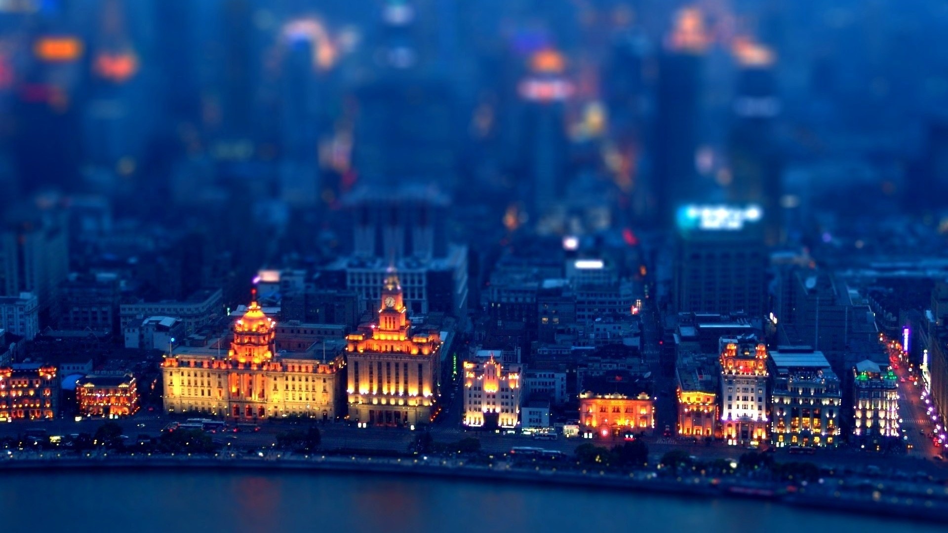 General 1920x1080 cityscape blurred lights building tilt shift Shanghai China Asia digital art