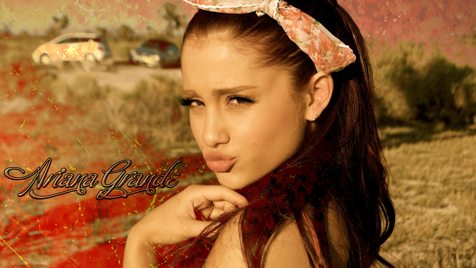 People 1920x1080 Ariana Grande celebrity singer brunette women pouting looking at viewer face typography closeup photoshopped