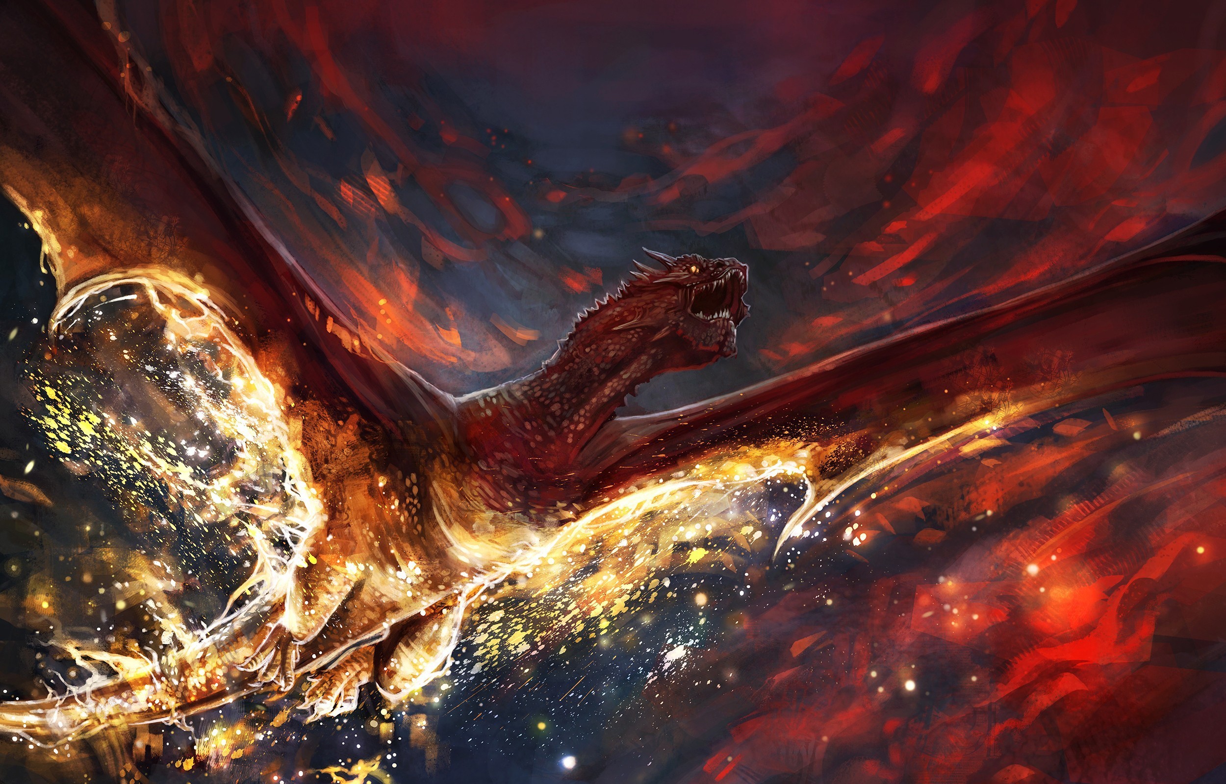 General 2500x1600 artwork fantasy art digital art dragon fire magic Smaug The Hobbit: The Desolation of Smaug creature