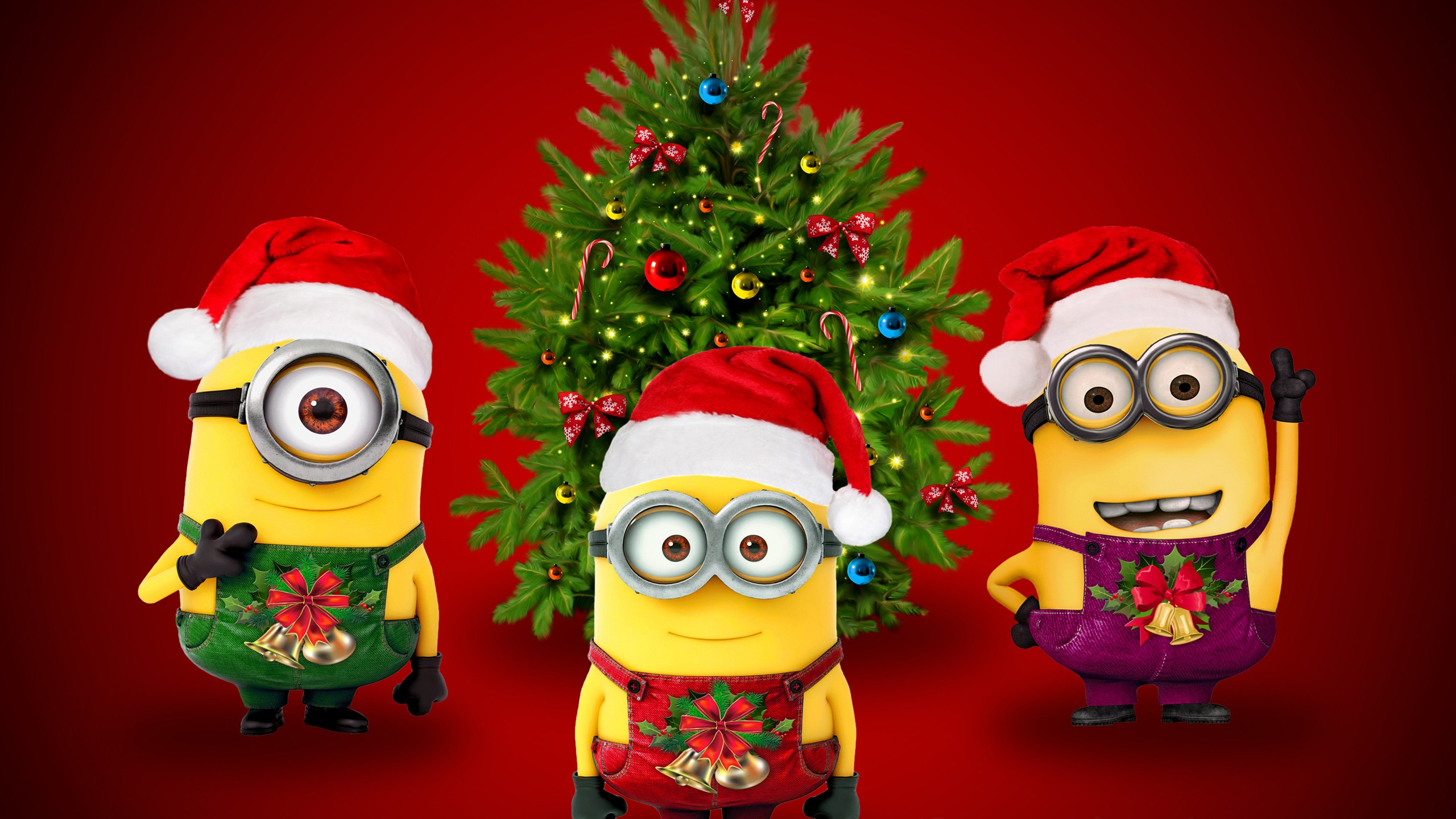 General 2560x1440 Christmas minions red background holiday Santa hats