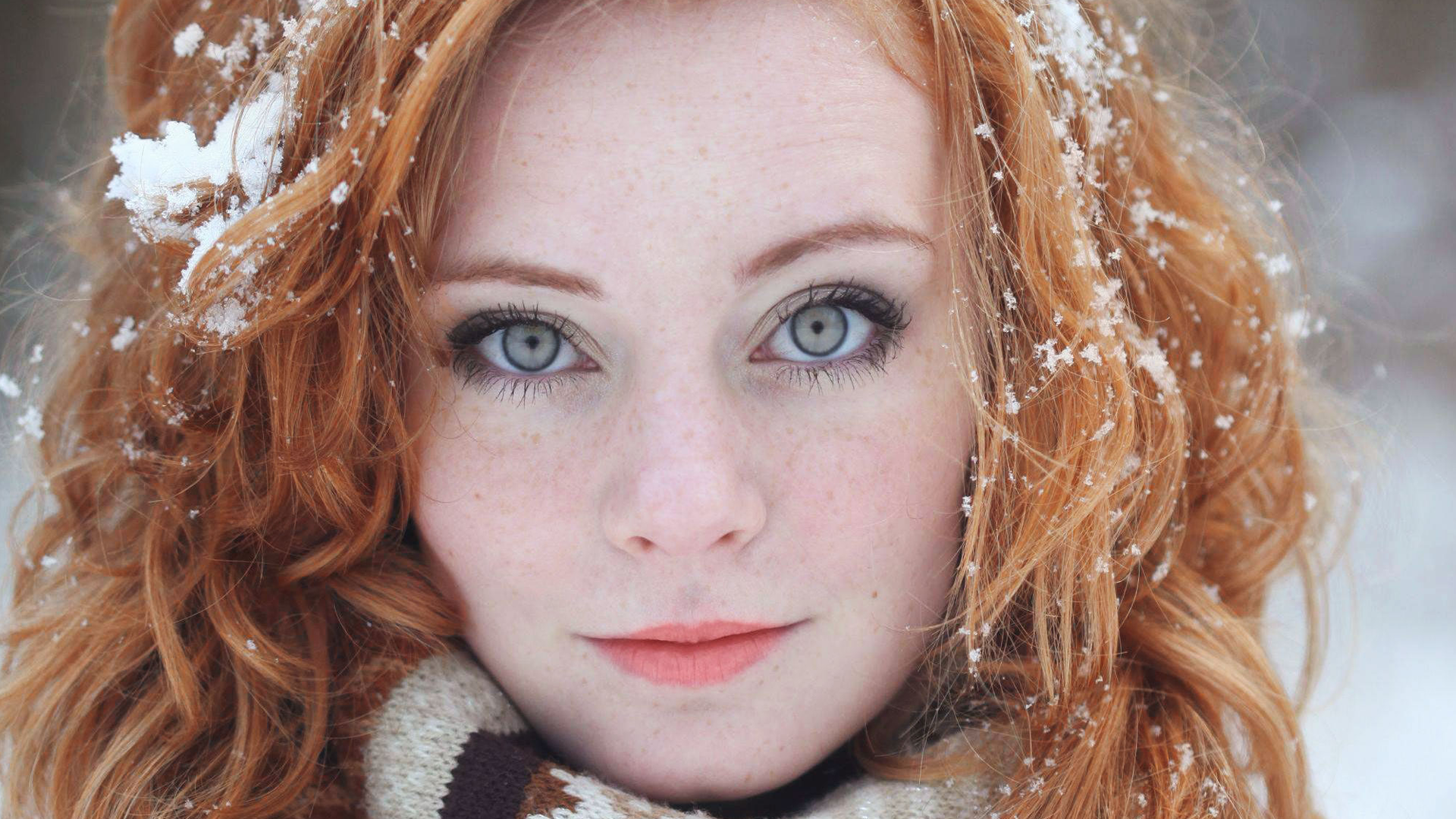 People 1920x1080 redhead green eyes pale snow closeup scarf women gray eyes face Freyja Vanden Broucke model blue eyes freckles women outdoors smiling long hair portrait outdoors cold looking at viewer
