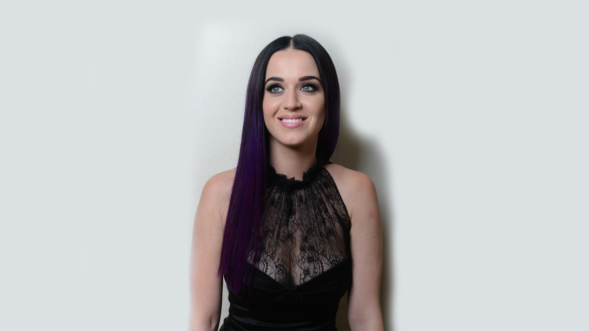 People 1920x1080 Katy Perry celebrity cleavage singer smiling white background studio makeup purple hair dyed hair looking away pink lipstick women
