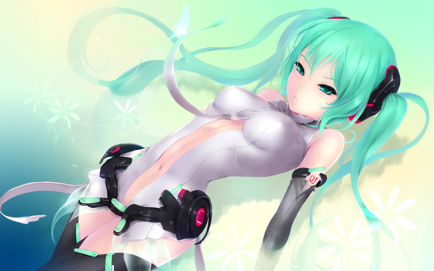 Anime 1680x1050 Vocaloid anime girls Hatsune Miku twintails long hair green hair bangs hair ornament green eyes Hatsune Miku Append detached sleeves belly thigh-highs cyan hair science fiction science fiction women