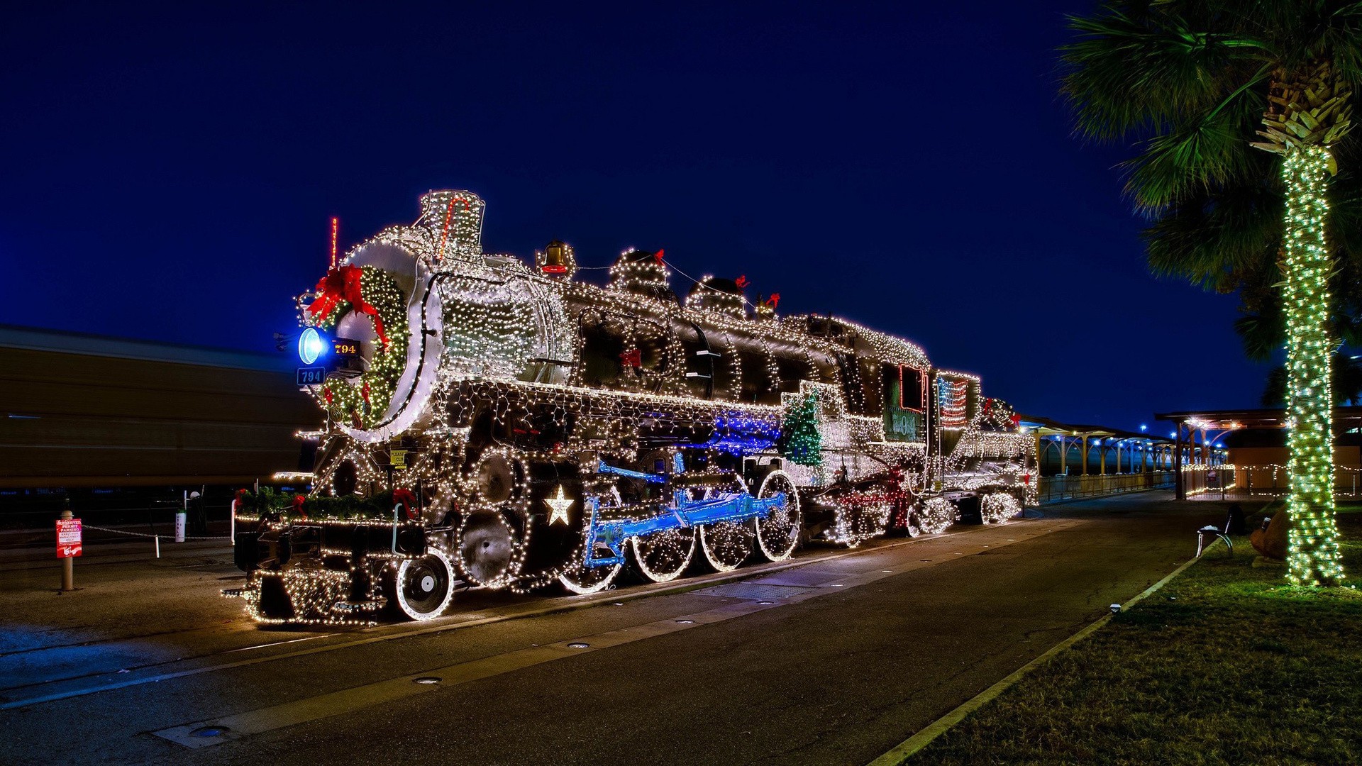 General 1920x1080 train steam locomotive Christmas lights Christmas holiday vehicle locomotive