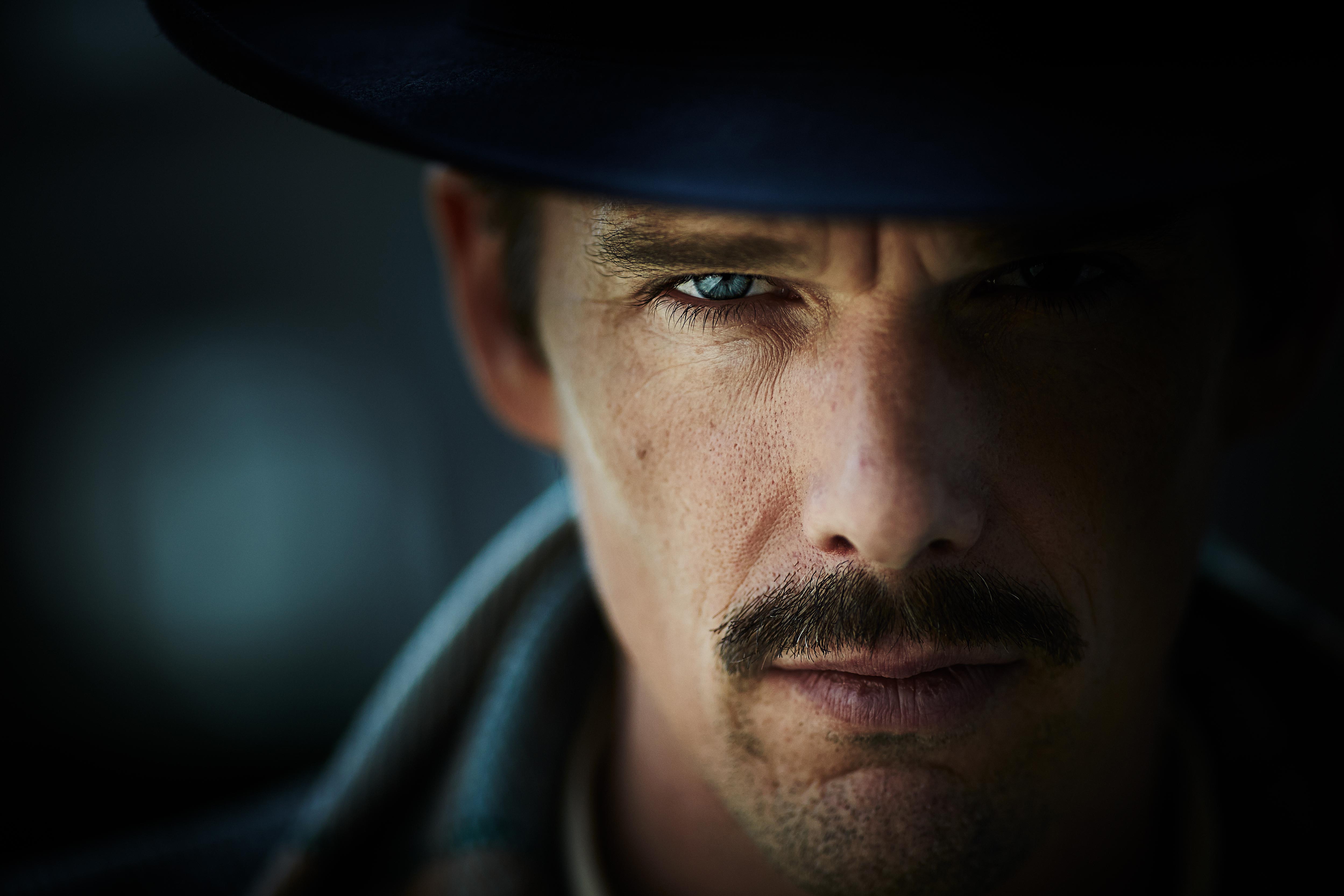 People 4997x3331 moustache hat actor Ethan Hawke blue eyes men face closeup looking at viewer