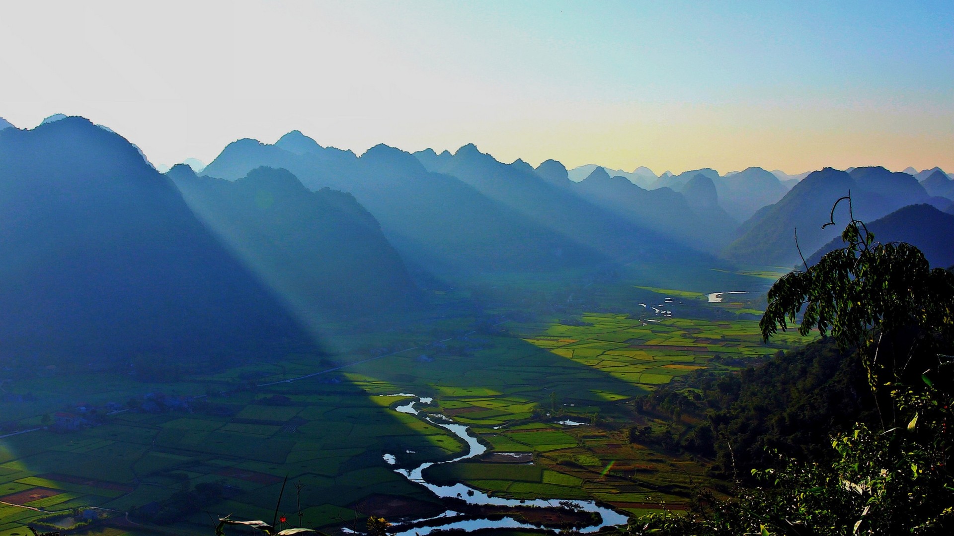 General 1920x1080 landscape nature mountains mist valley river field sun rays Vietnam sunlight shadow clear sky morning farm