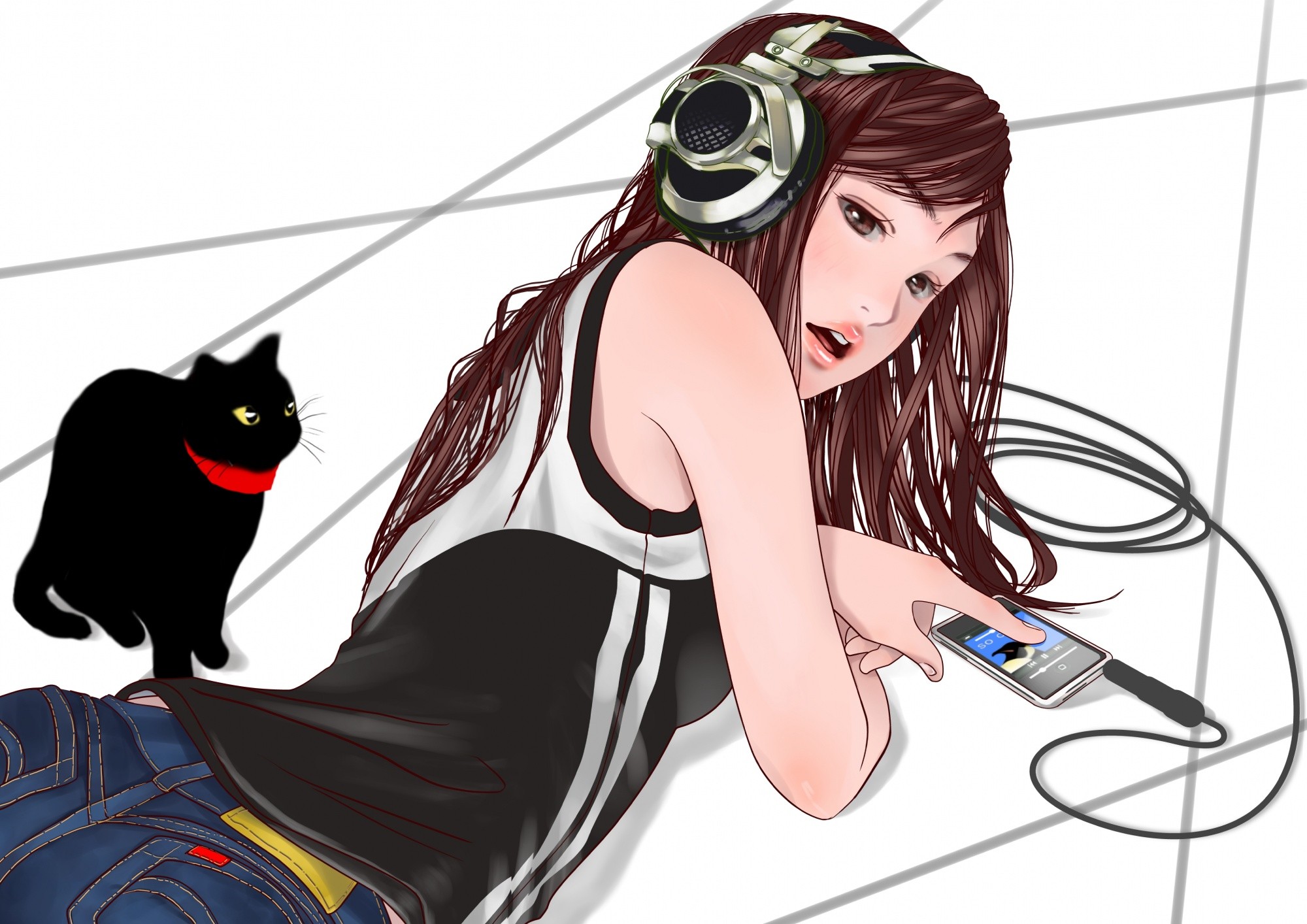 General 2000x1414 anime girls headphones anime cats technology animals mammals open mouth women smartphone long hair white background digital art simple background
