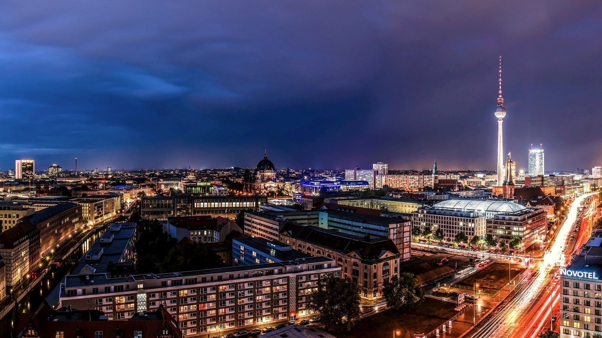 General 1920x1080 architecture building cityscape city capital long exposure Berlin Germany street lights light trails modern tower antenna cathedral clouds night urban trees