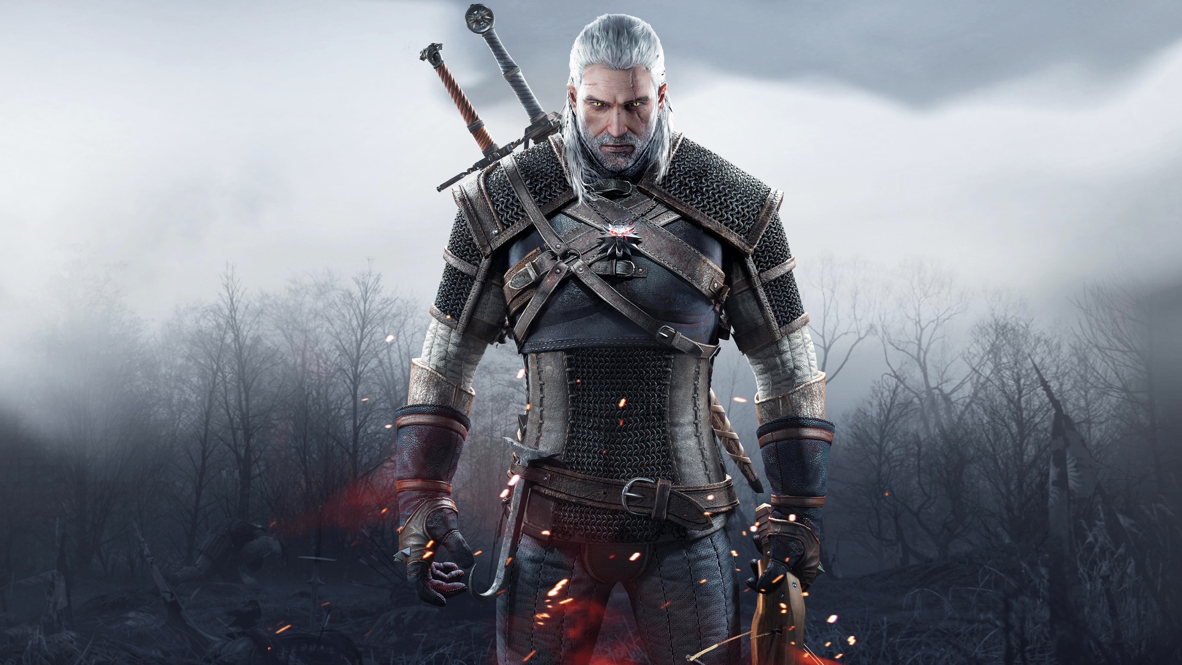 General 3840x2160 The Witcher 3: Wild Hunt Geralt of Rivia sword The Witcher frontal view looking at viewer video games PC gaming video game characters video game men fantasy men video game art RPG