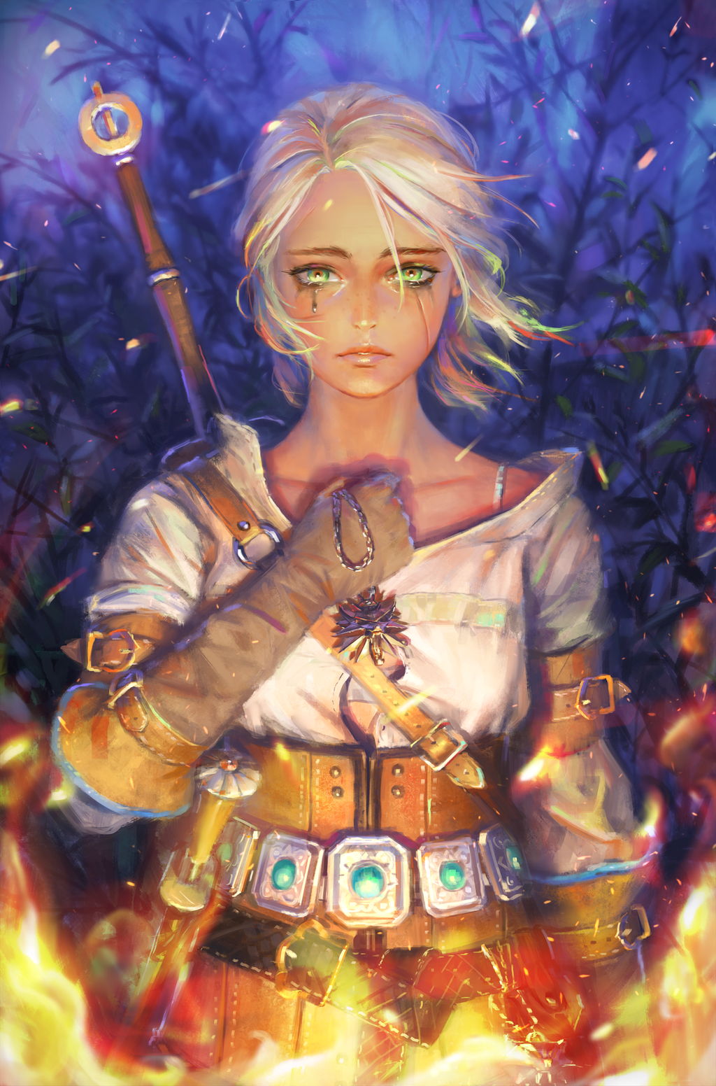 General 1024x1552 The Witcher 3: Wild Hunt Cirilla Fiona Elen Riannon video games fantasy girl video game characters video game girls video game art fantasy art sad tears fire green eyes PC gaming RPG