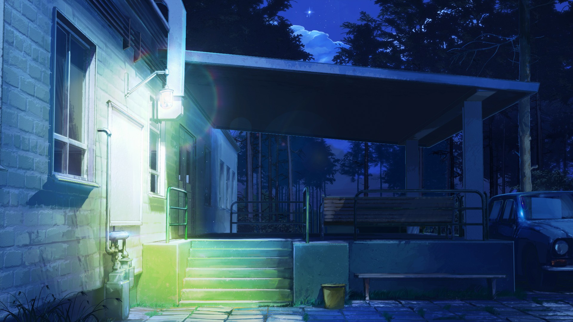 Anime 1920x1080 ArseniXC Everlasting Summer (visual novel) anime house car vehicle night bench stairs