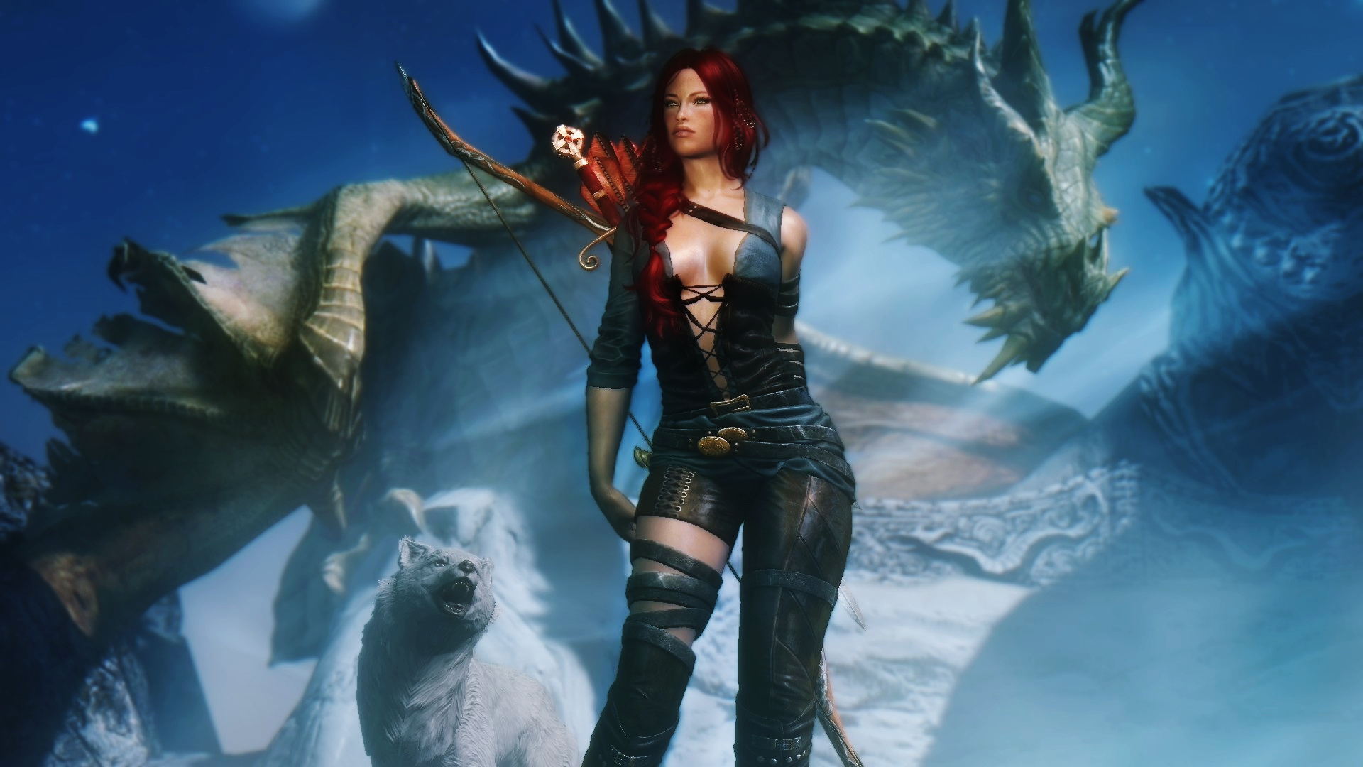 General 1920x1080 The Elder Scrolls V: Skyrim dragon wolf fantasy girl women RPG video games PC gaming redhead video game art fantasy art video game girls creature boobs cleavage bow standing looking into the distance