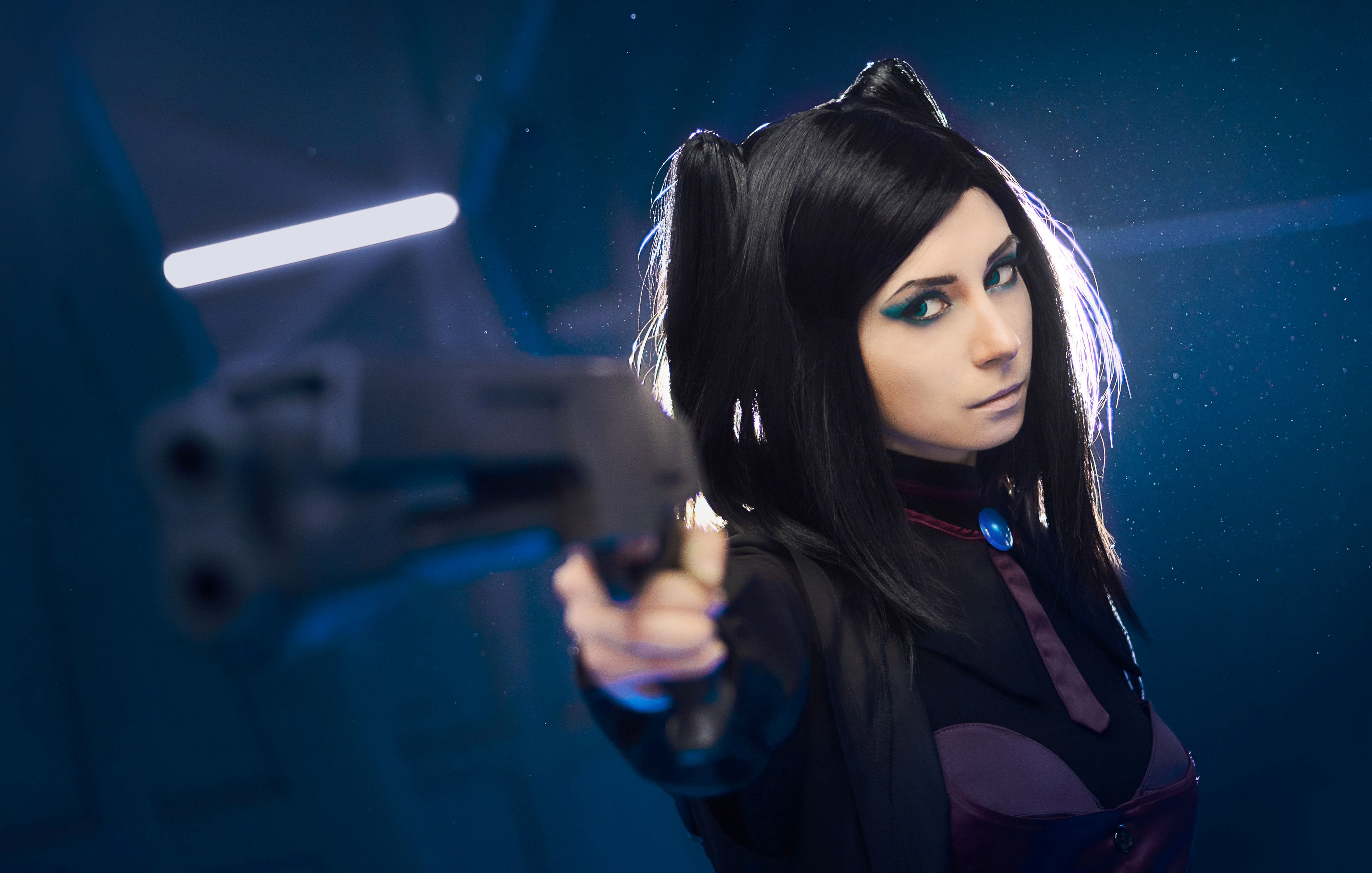 People 4288x2729 Ergo Proxy cosplay Re-l Mayer weapon women blue face model girls with guns aiming dark hair