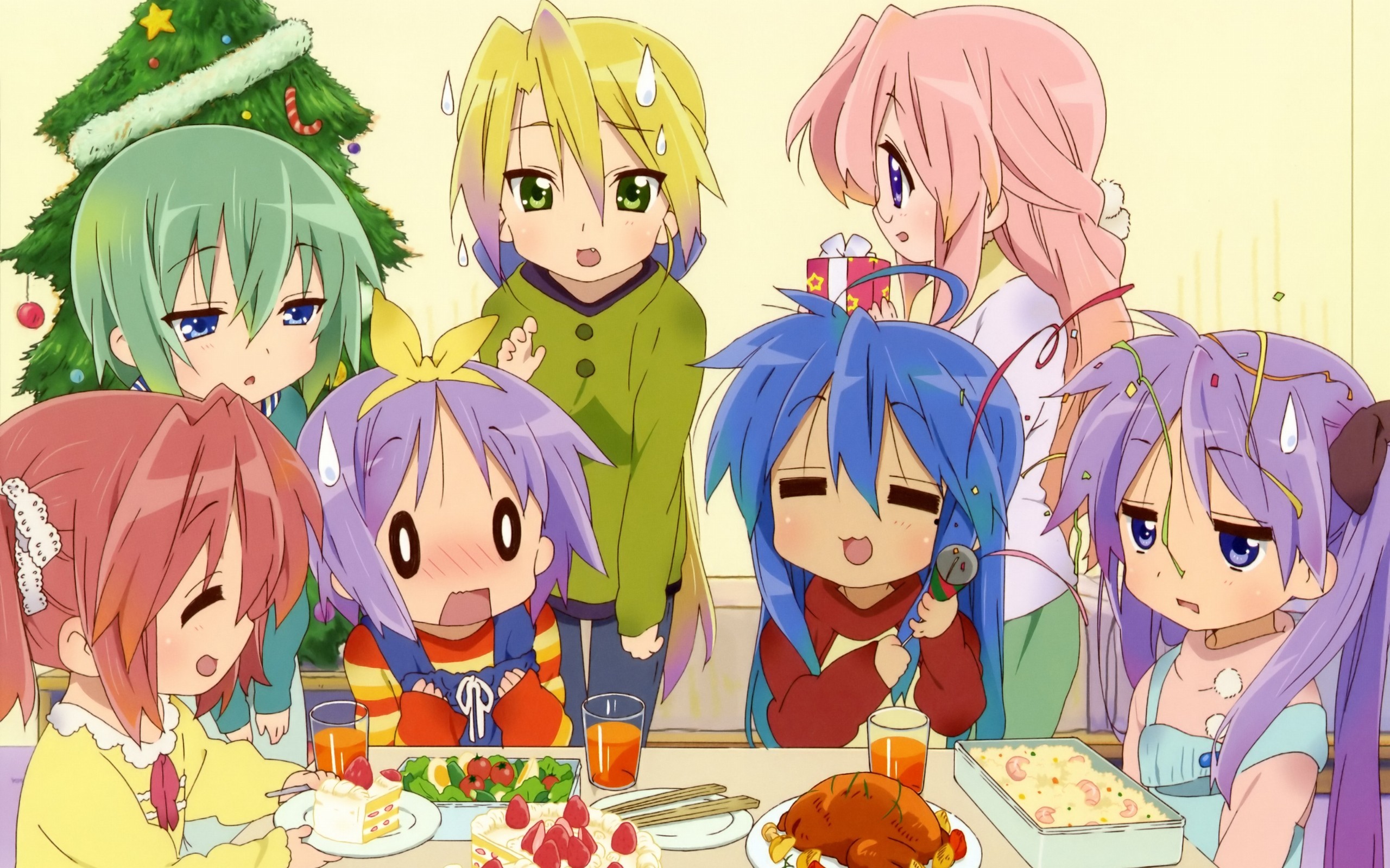 Anime 2560x1600 anime anime girls Lucky Star Izumi Konata Hiiragi Kagami Hiiragi Tsukasa group of women Christmas Christmas tree food