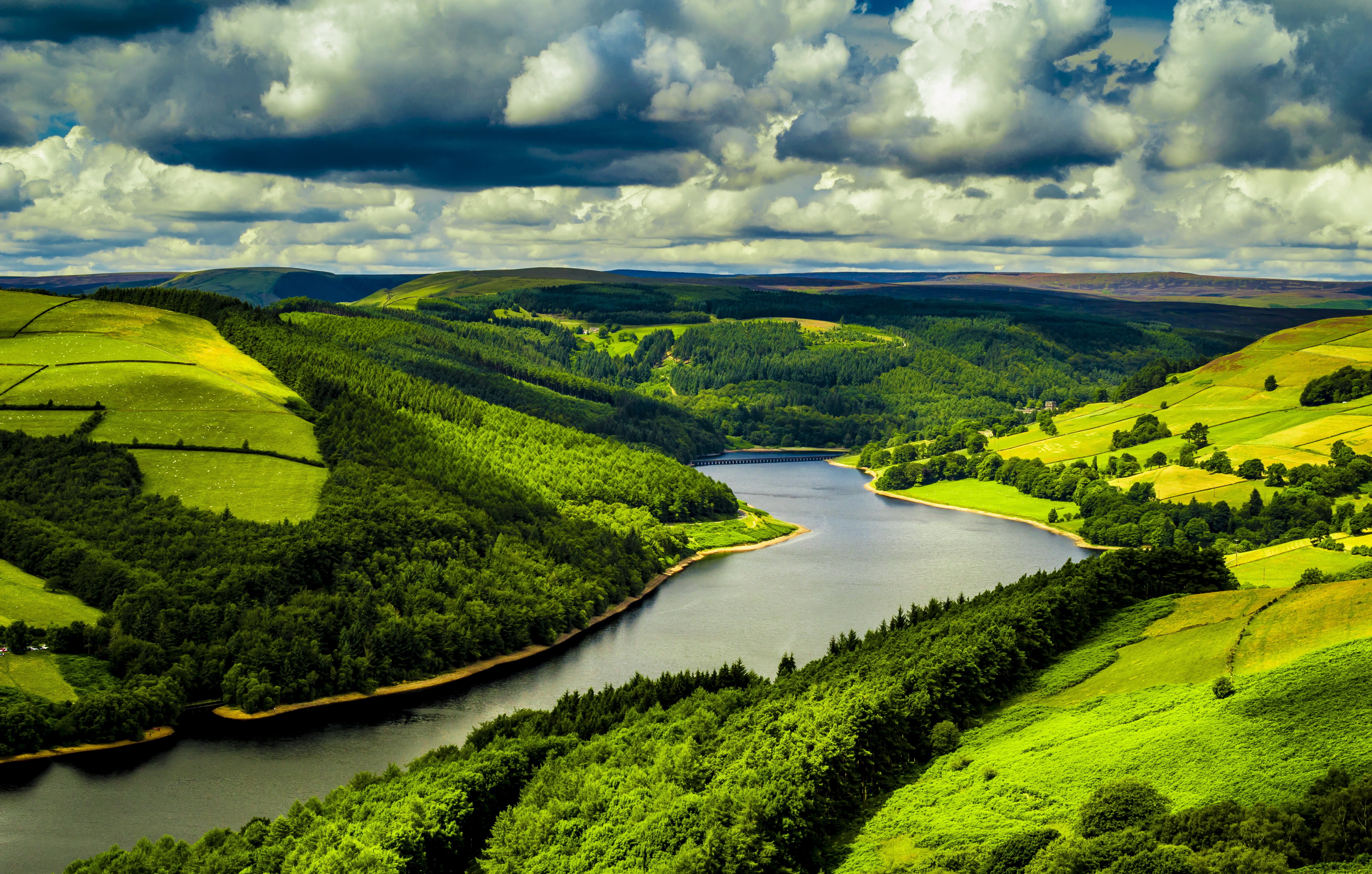 General 5021x3200 river trees forest clouds hills green water landscape England field nature UK