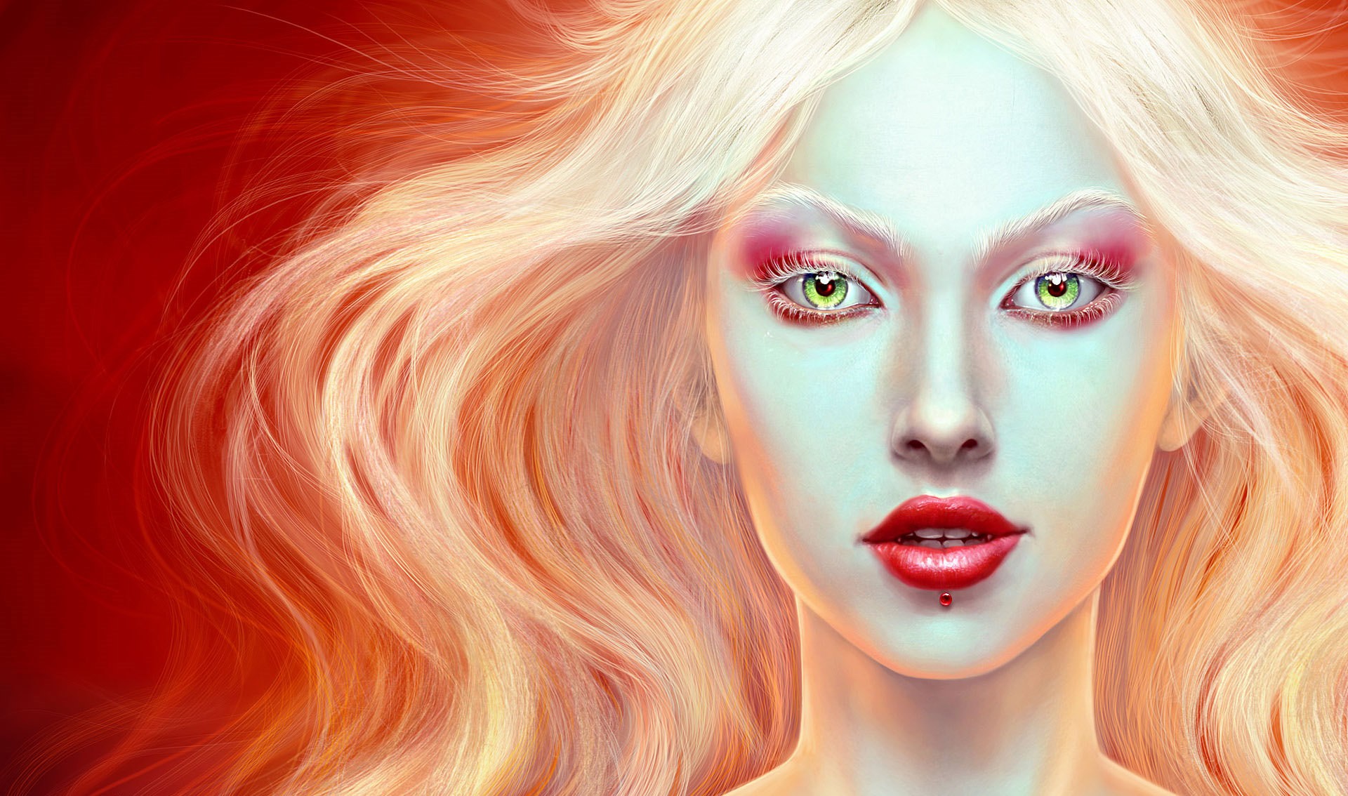 General 1920x1134 fantasy art women fantasy girl red background blonde makeup red lipstick green eyes long hair digital art