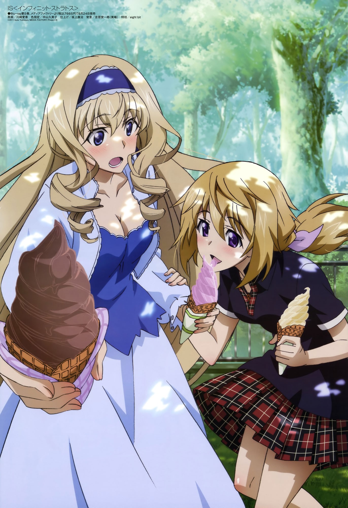 Anime 1372x2000 anime anime girls Dunois Charlotte Alcot Cecilia Infinite Stratos two women boobs cleavage dress food sweets ice cream licking blonde hairband plaid skirt women outdoors anime girls eating long hair