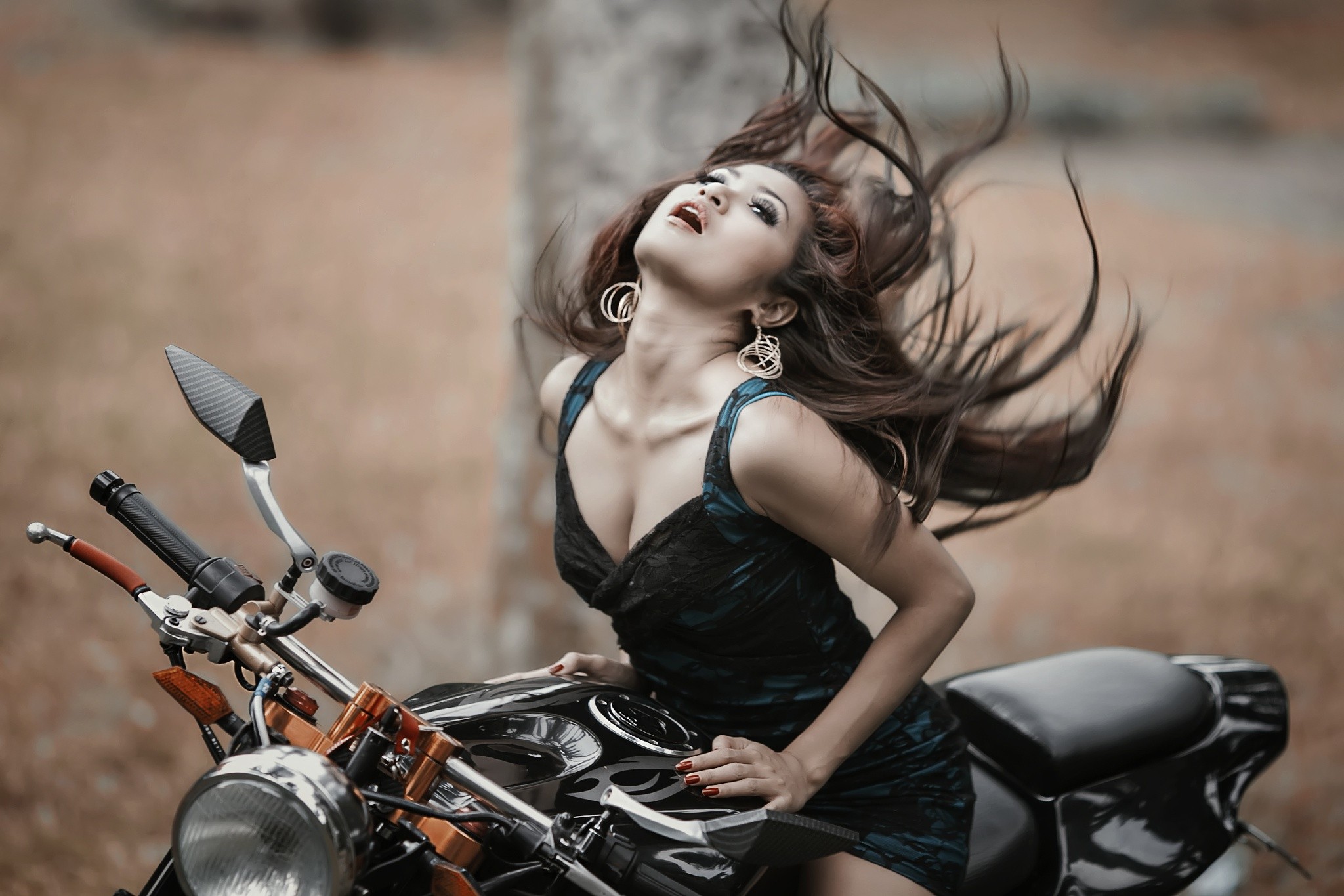 People 2048x1365 women model brunette cleavage smoky eyes red nails Ivan Lee motorcycle women with motorcycles vehicle open mouth long hair minidress women outdoors outdoors dress Asian black motorcycles