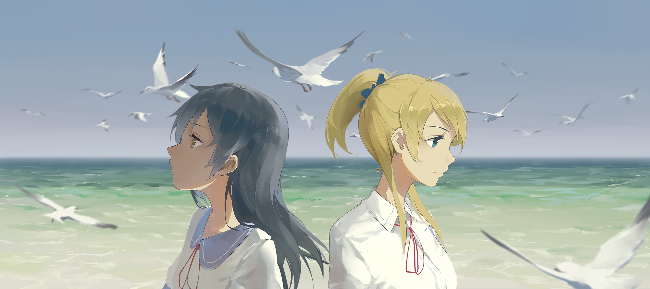 Anime 2200x979 anime Love Live! Ayase Eli Sonoda Umi anime girls women two women sea sky horizon birds blonde dark hair face women outdoors outdoors