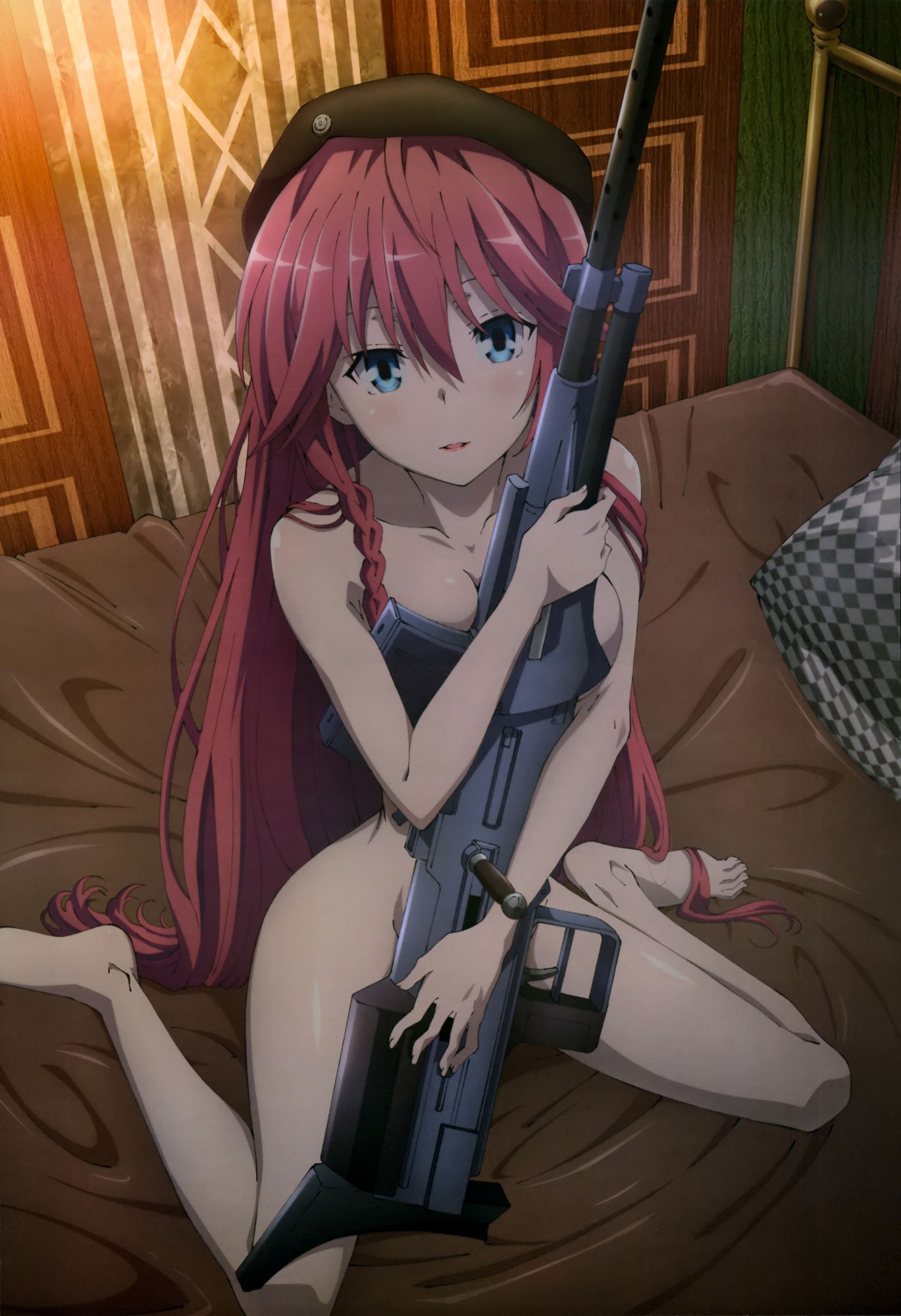 Anime 1369x2000 Trinity Seven Asami Lilith anime anime girls long hair girls with guns rifles aqua eyes weapon kneeling looking at viewer