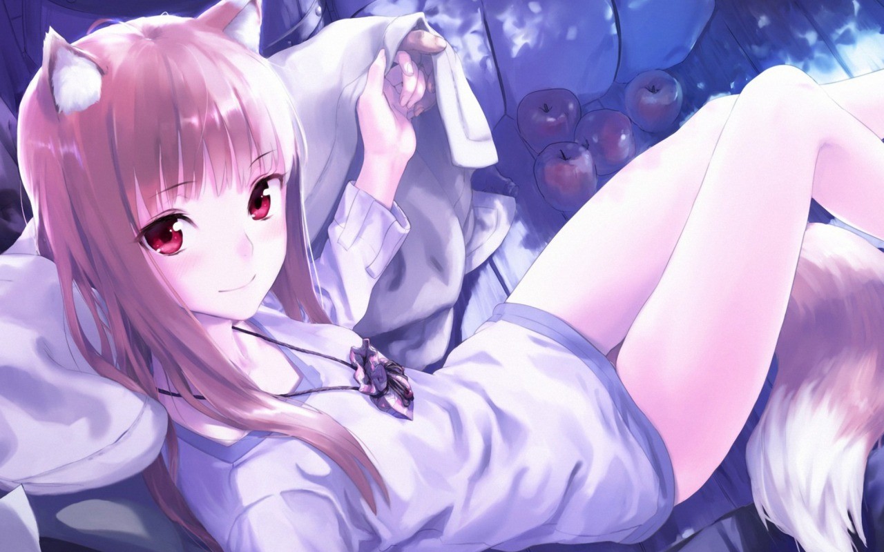 Anime 1280x800 anime girls anime Spice and Wolf Holo (Spice and Wolf) wolf girls red eyes kawakami rokkaku pink hair legs thighs together thighs looking at viewer fantasy art fantasy girl animal ears smiling tail