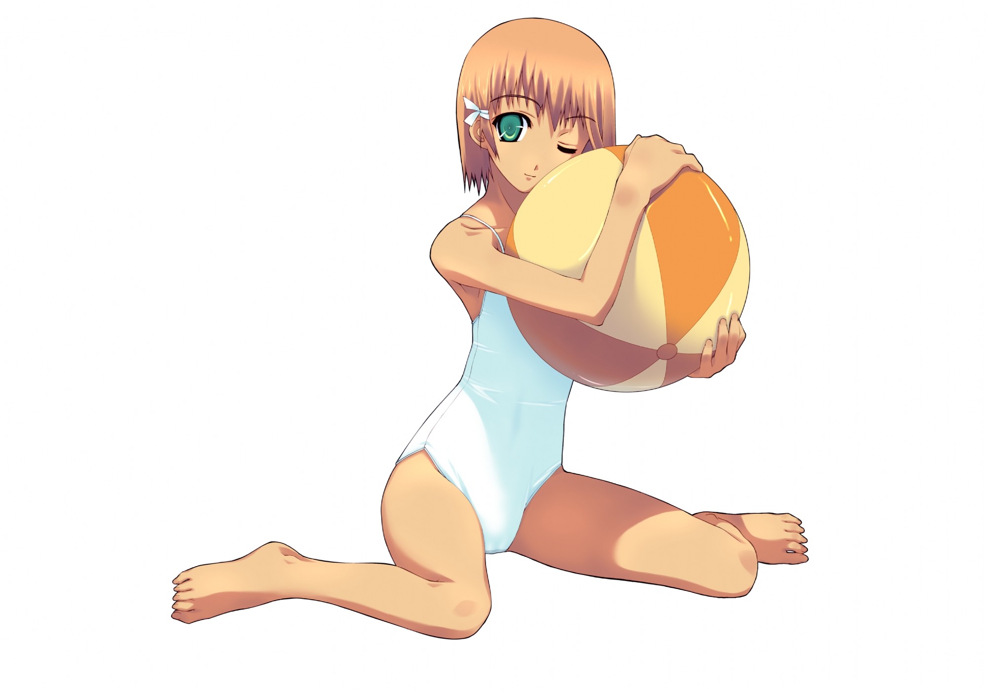 Anime 2000x1400 swimwear short hair original characters anime girls white background simple background ball one eye closed one-piece swimsuit barefoot anime