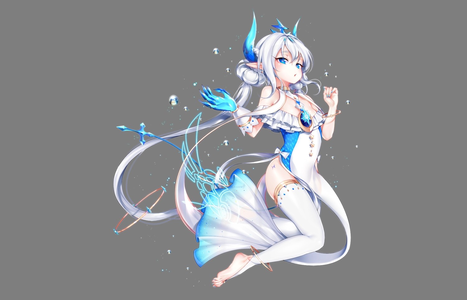 Anime 1500x964 Elsword Lu (Elsword) horns thigh-highs pointy ears gray gray background blue simple background anime anime girls fantasy art fantasy girl