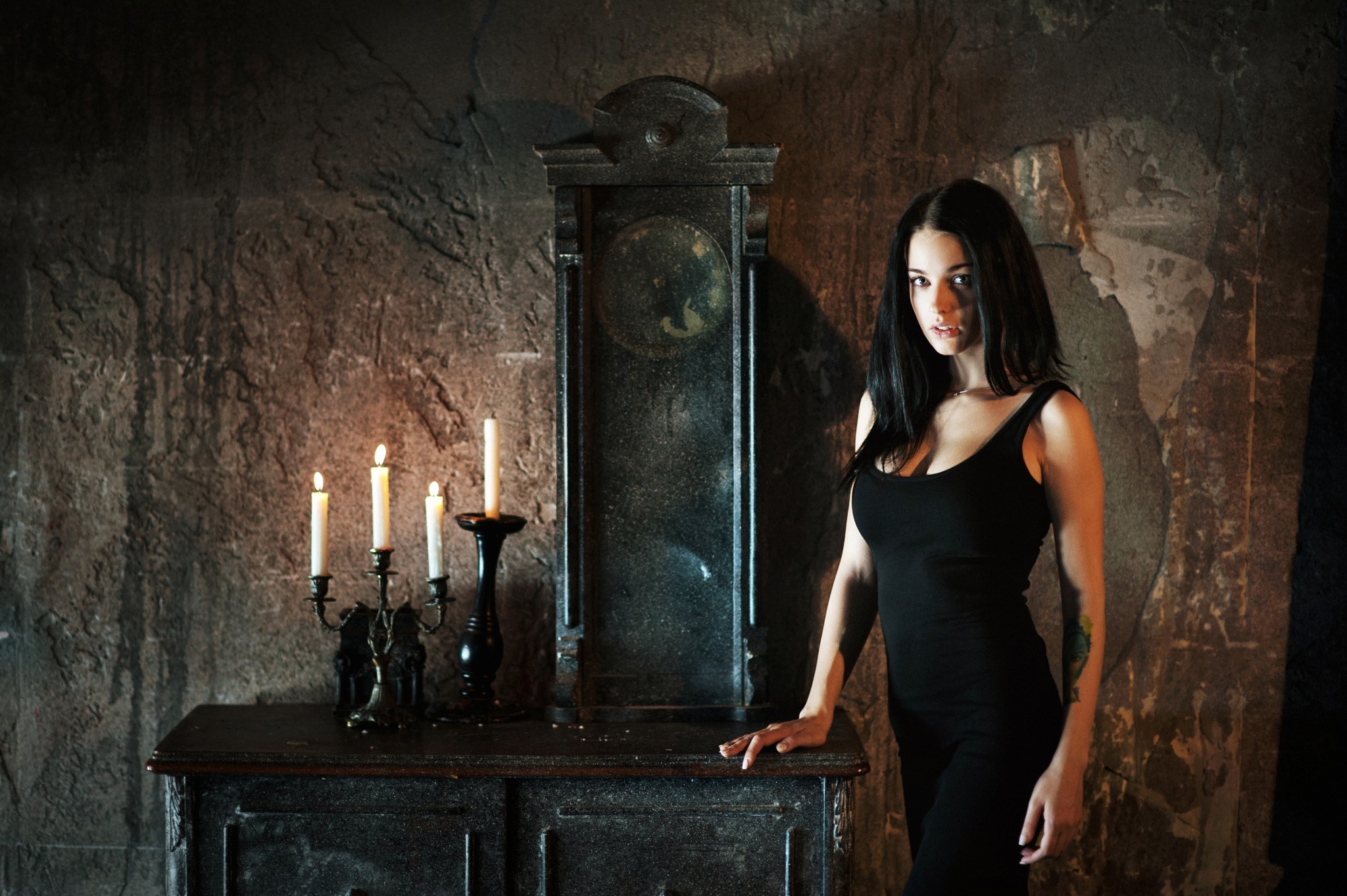 People 2048x1363 Alla Berger women model black dress Maxim Maximov tattoo Gothic brunette candles black hair old wall women indoors indoors black clothing inked girls