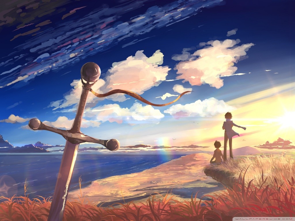 Anime 1024x768 sword couple sky anime boys anime girls sea clouds anime outdoors