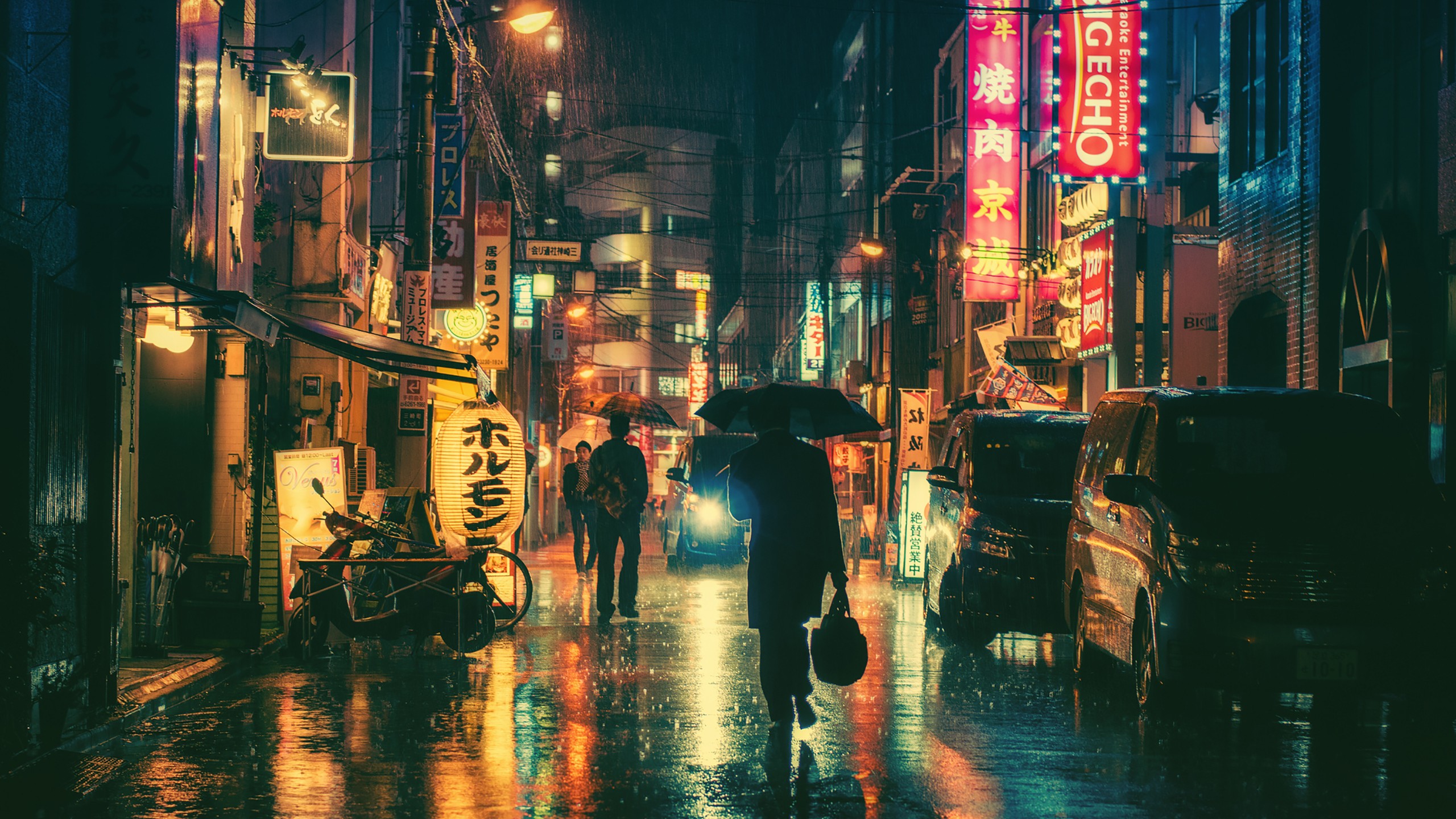 General 2560x1440 night Japan Masashi Wakui photography photo manipulation umbrella neon Asia urban Nohara Rin street city lights low light