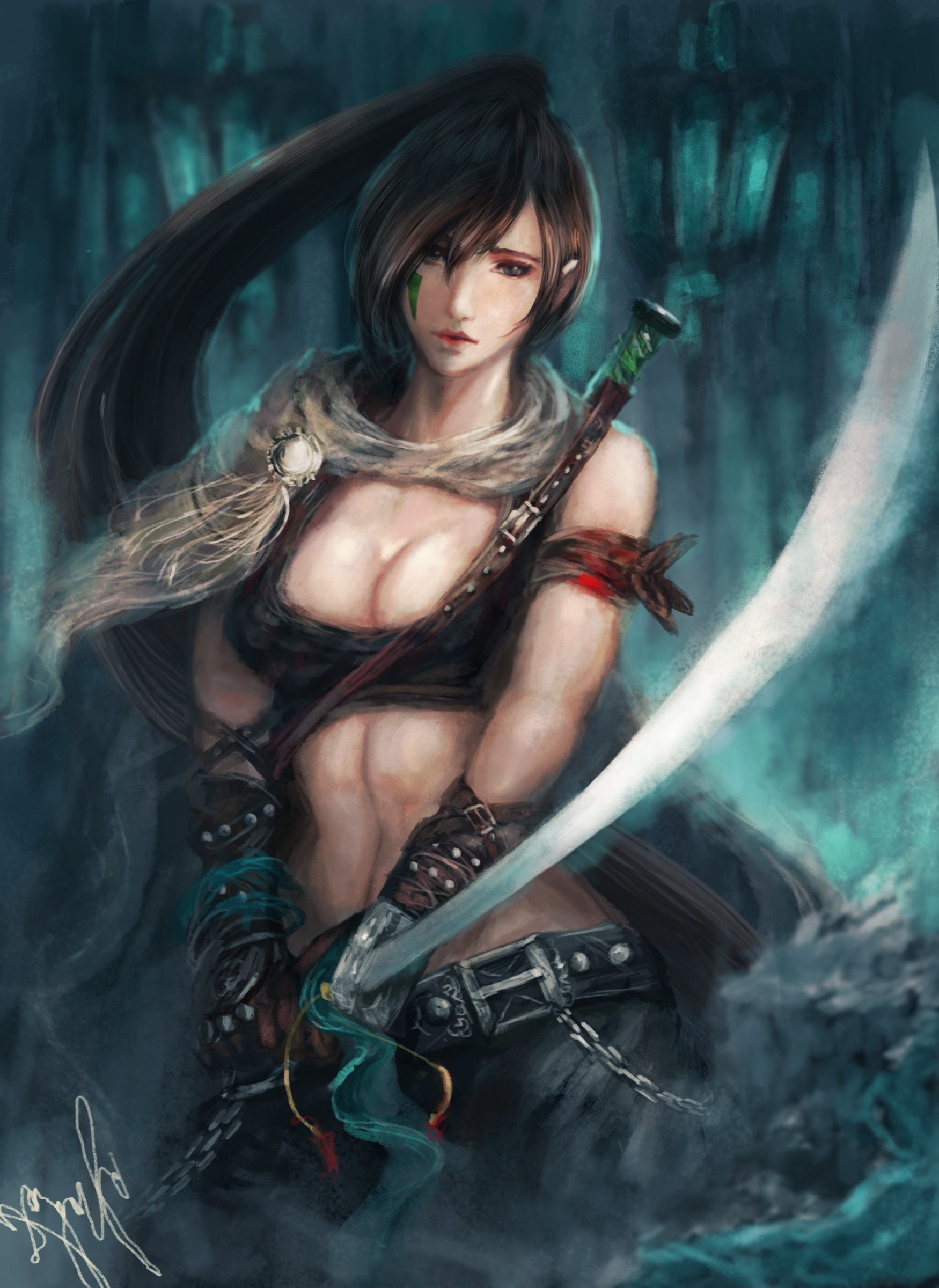 General 1750x2400 fantasy art fantasy girl boobs sword brunette bra long hair women belly women with swords