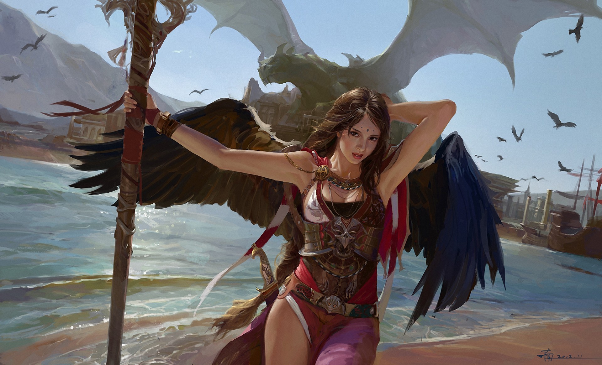 General 1920x1165 dragon fantasy girl fantasy art arms up creature artwork wings angel women