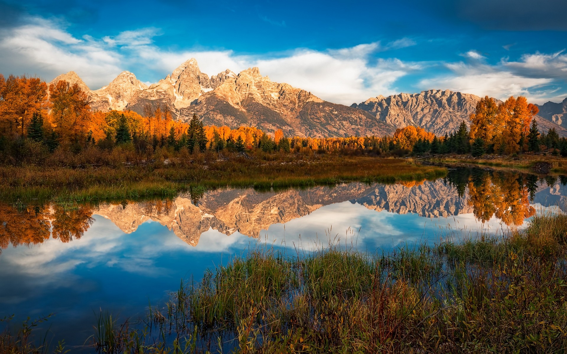General 1920x1200 nature landscape morning river mountains forest fall clouds Grand Teton National Park water reflection colorful Wyoming USA