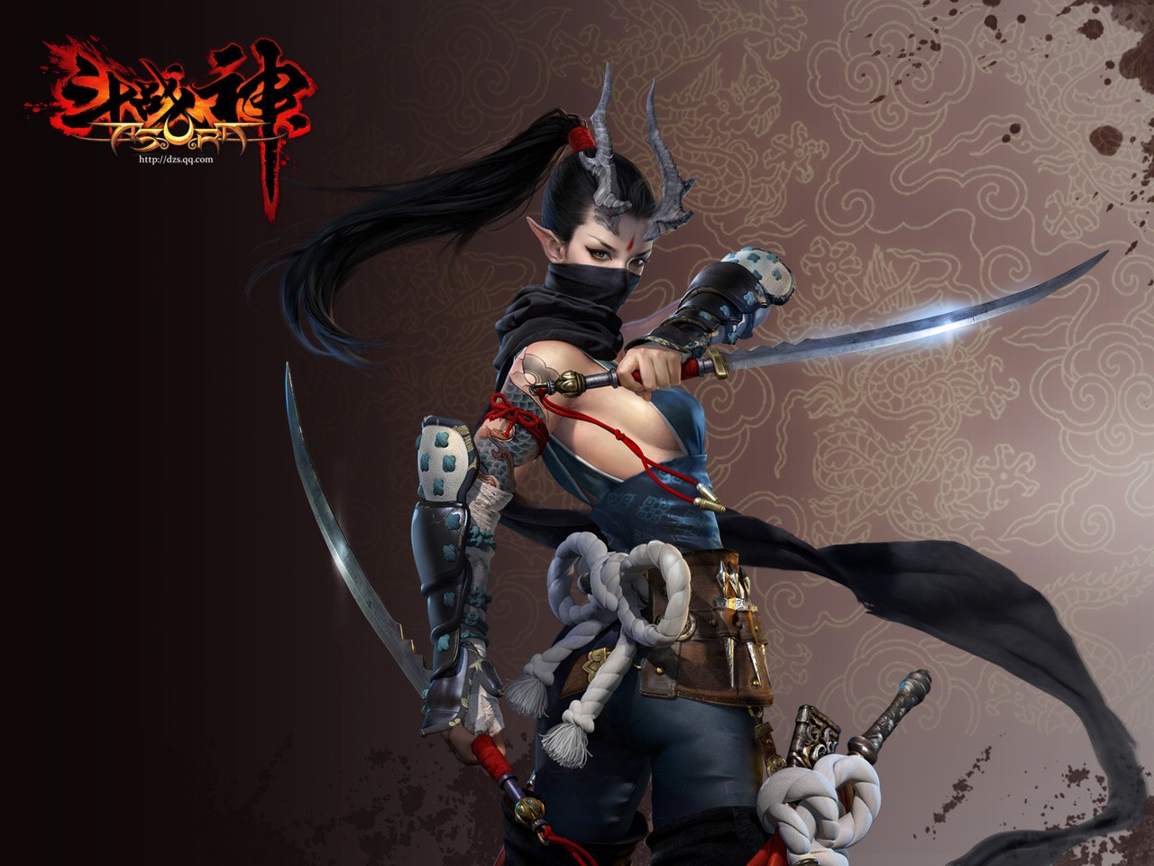 General 1280x960 Asura fantasy girl fantasy art dark hair weapon long hair women pointy ears black hair sideboob sword women with swords