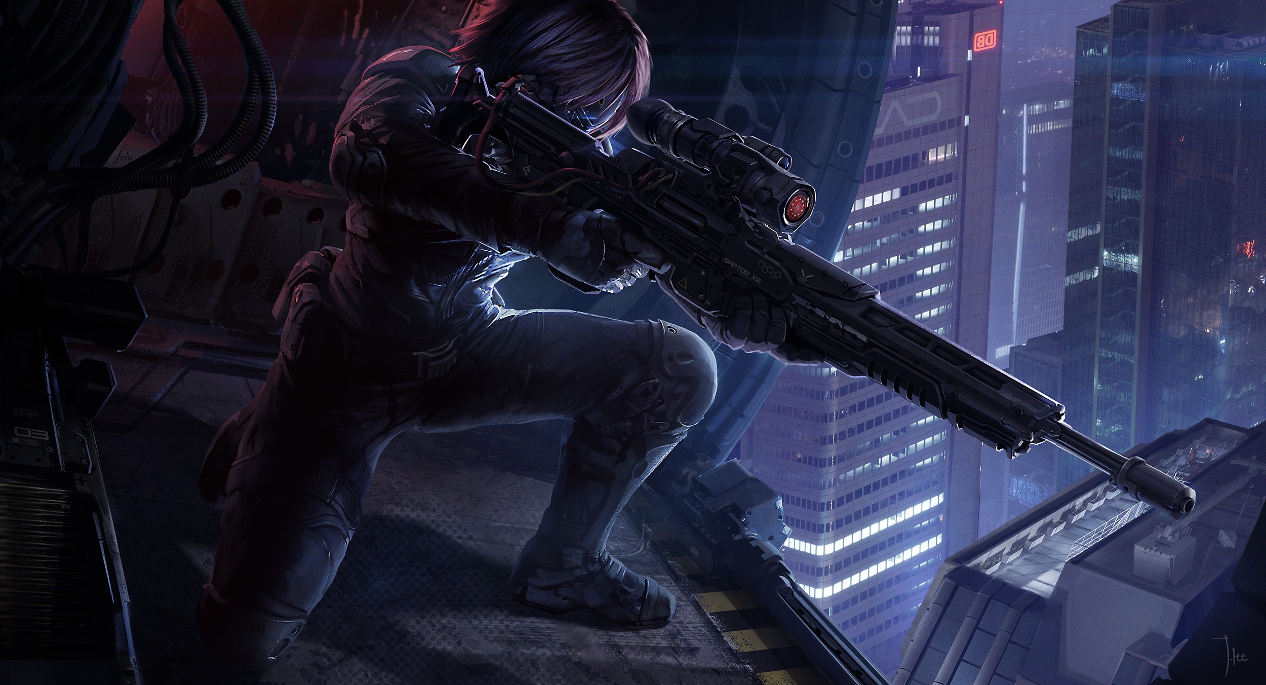 General 2500x1352 futuristic sniper rifle soldier helicopters city aiming weapon kneeling digital art signature gun night building city lights