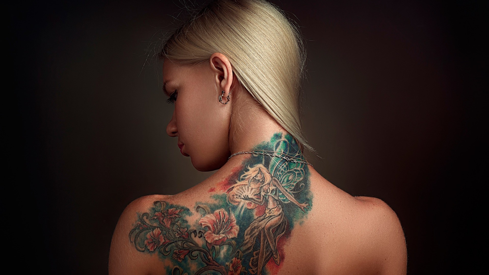 People 1920x1080 women model blonde long hair tattoo bare shoulders back rear view earring simple background face portrait women indoors indoors inked girls studio brown background