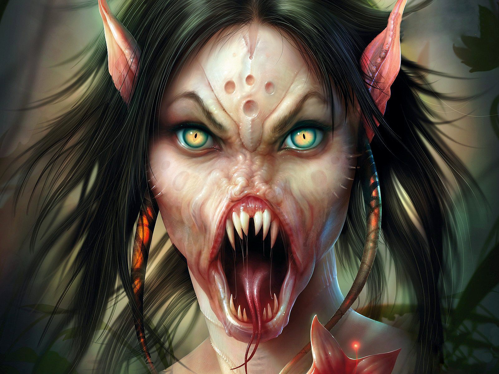 General 1600x1200 creature demon succubus artwork fantasy art demon girls face closeup fangs tongues tongue out yellow eyes pointy ears